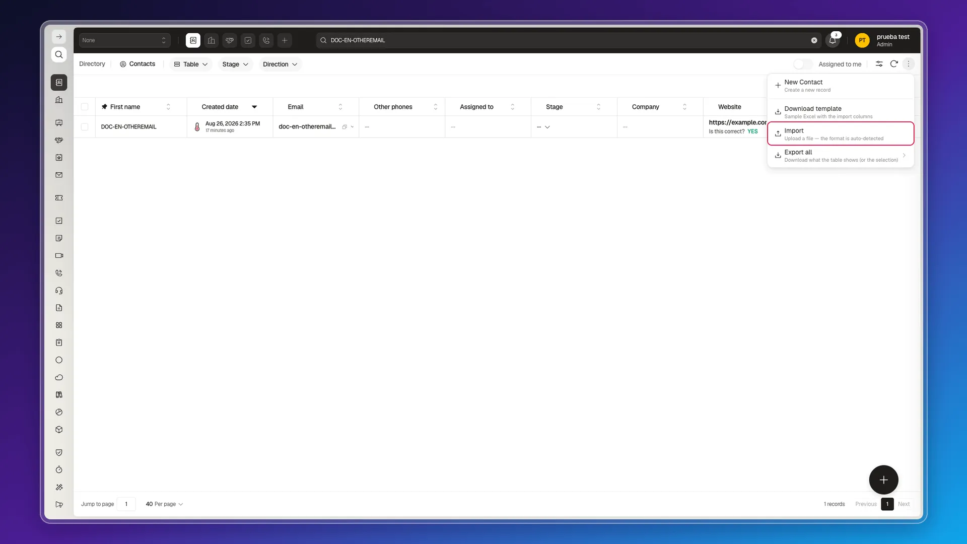 More actions menu with the Import option highlighted