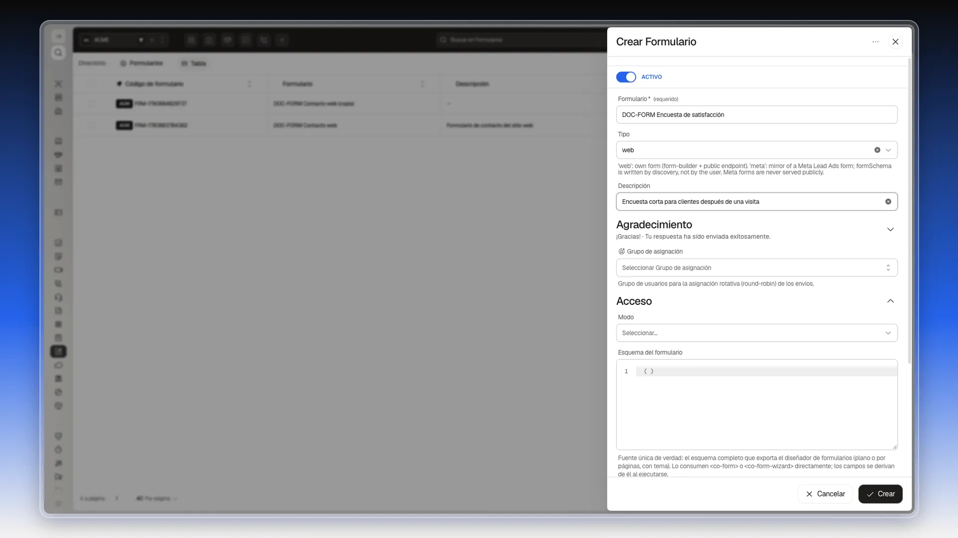 Panel Crear Formulario con el nombre DOC-FORM Encuesta de satisfacción y su descripción escritos