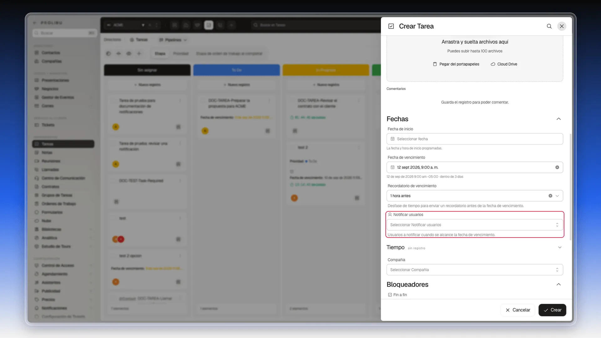 Campo Notificar usuarios en el panel de la tarea
