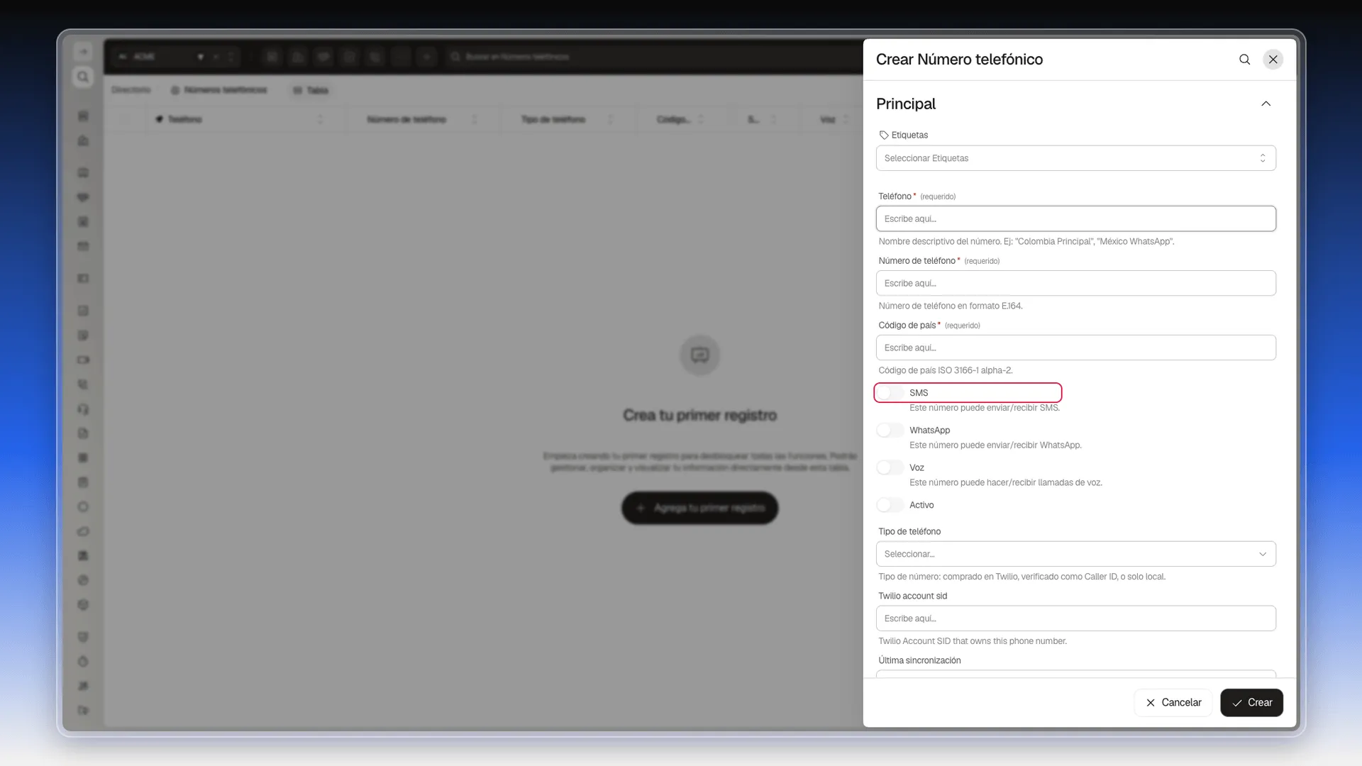 Formulario Crear Número telefónico con el interruptor SMS resaltado
