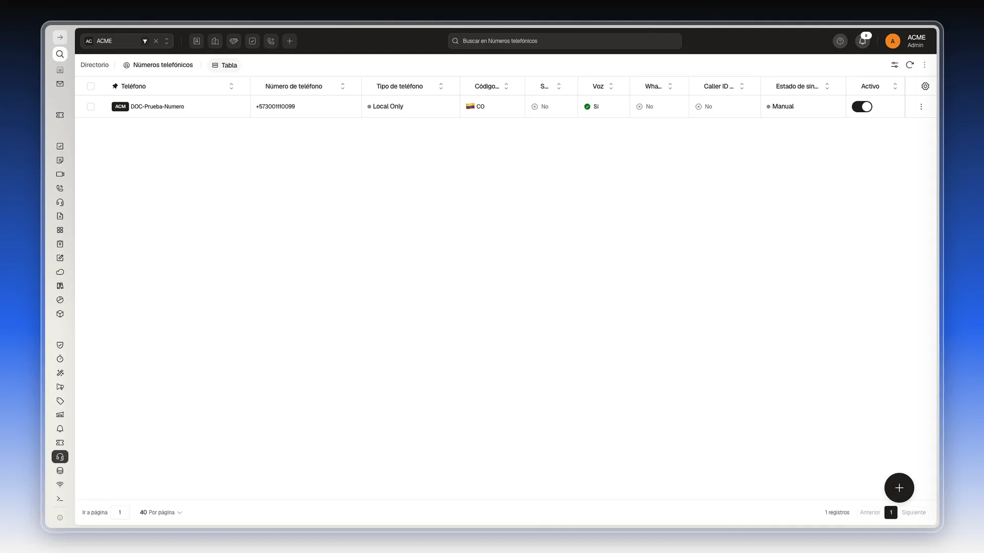 Lista de Números telefónicos con las columnas SMS, Voz y WhatsApp