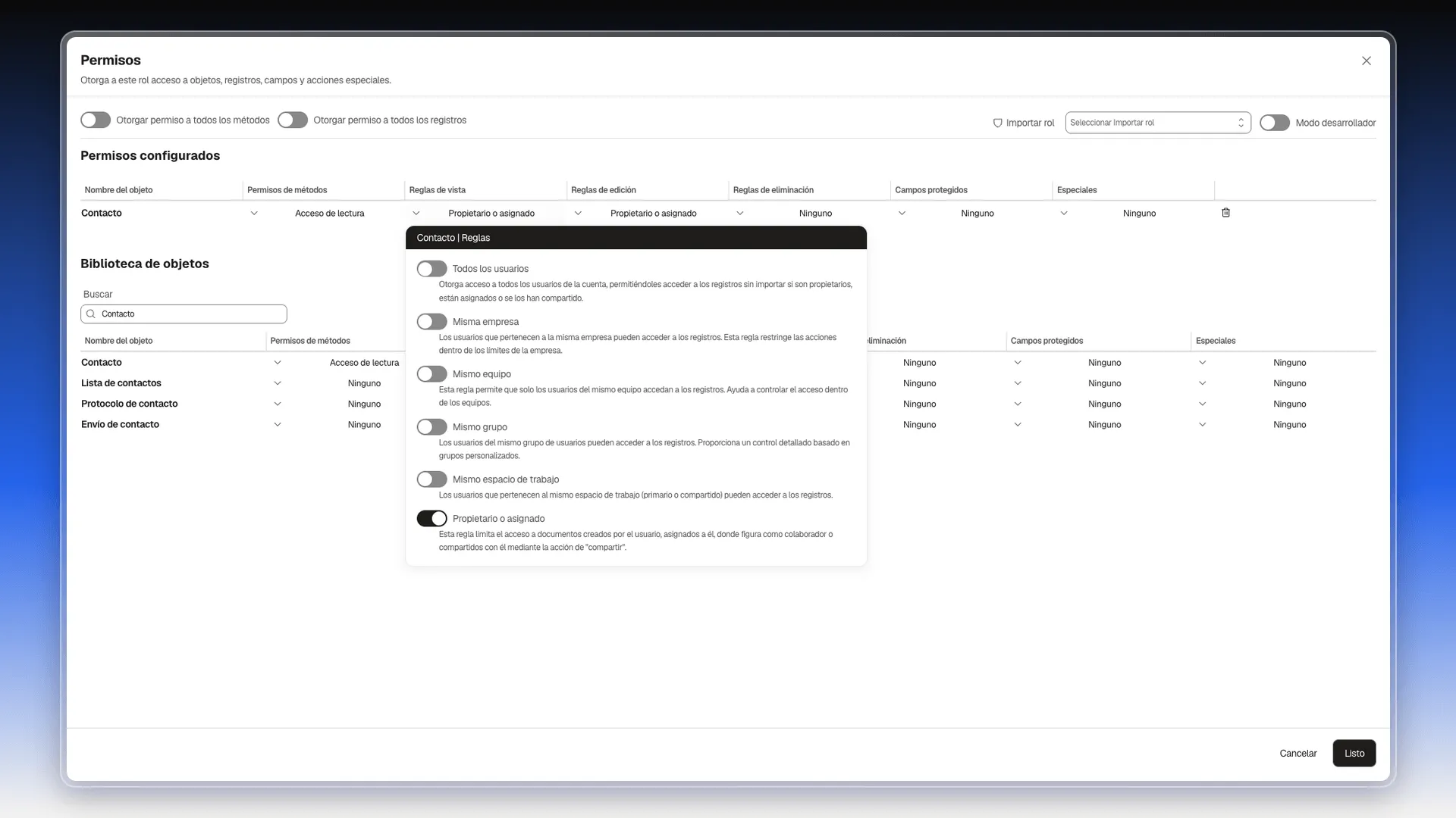 Panel Contacto | Reglas con el interruptor Propietario o asignado activado
