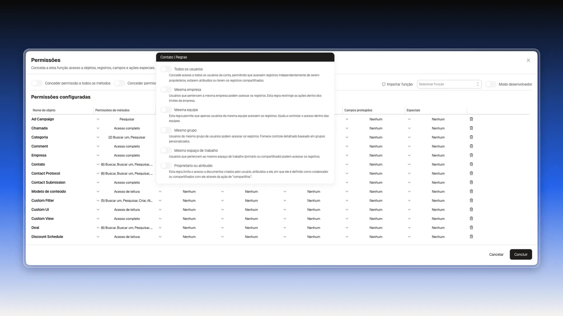 Opções de regra para Contato: Todos os usuários, Mesma empresa, Mesma equipe, Mesmo grupo, Mesmo espaço de trabalho, Proprietário ou atribuído