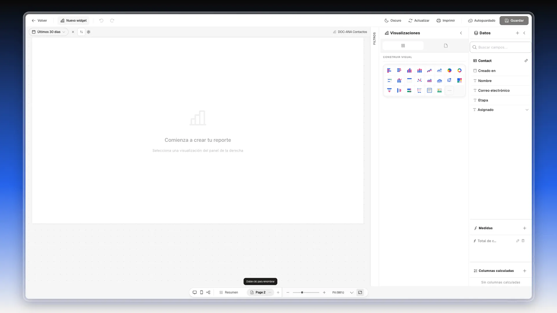 Página nueva vacía con el mensaje Comienza a crear tu reporte y Selecciona una visualización del panel de la derecha