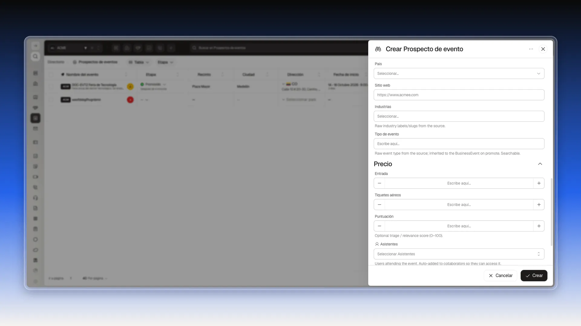 Campos País, Sitio web, Industrias y Tipo de evento junto con la sección Precio