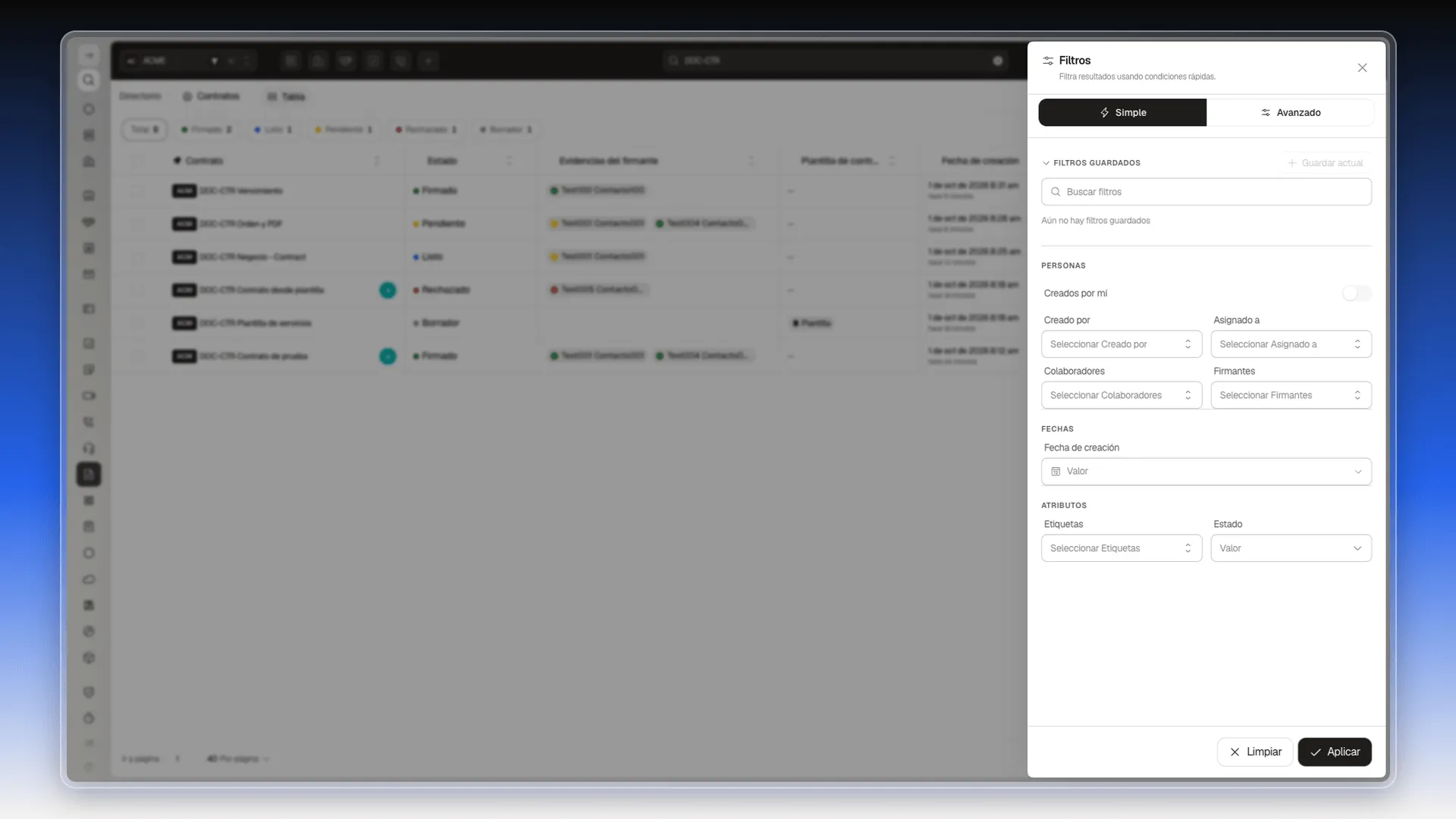 Panel de Filtros en la pestaña Simple, con las secciones Personas, Fechas y Atributos