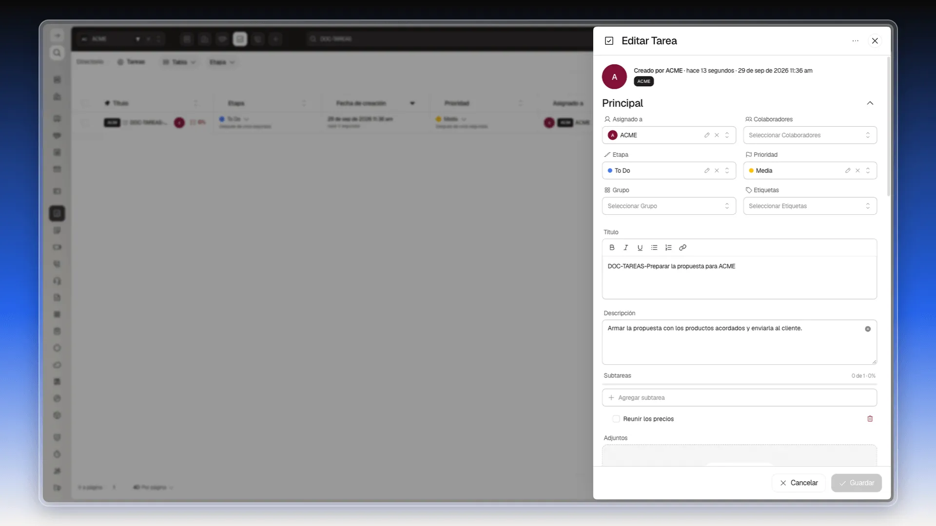Panel Editar Tarea con la línea Creado por, los campos de Principal y las subtareas