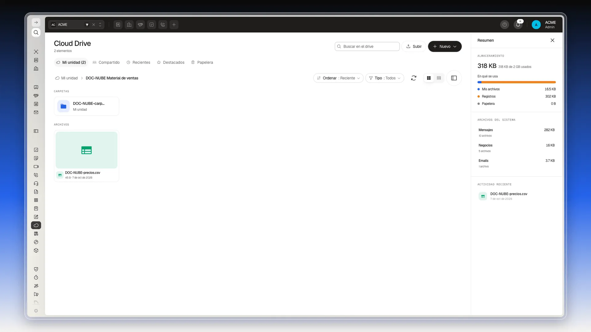 Panel Resumen con Almacenamiento, Archivos del sistema y la actividad reciente de la carpeta abierta