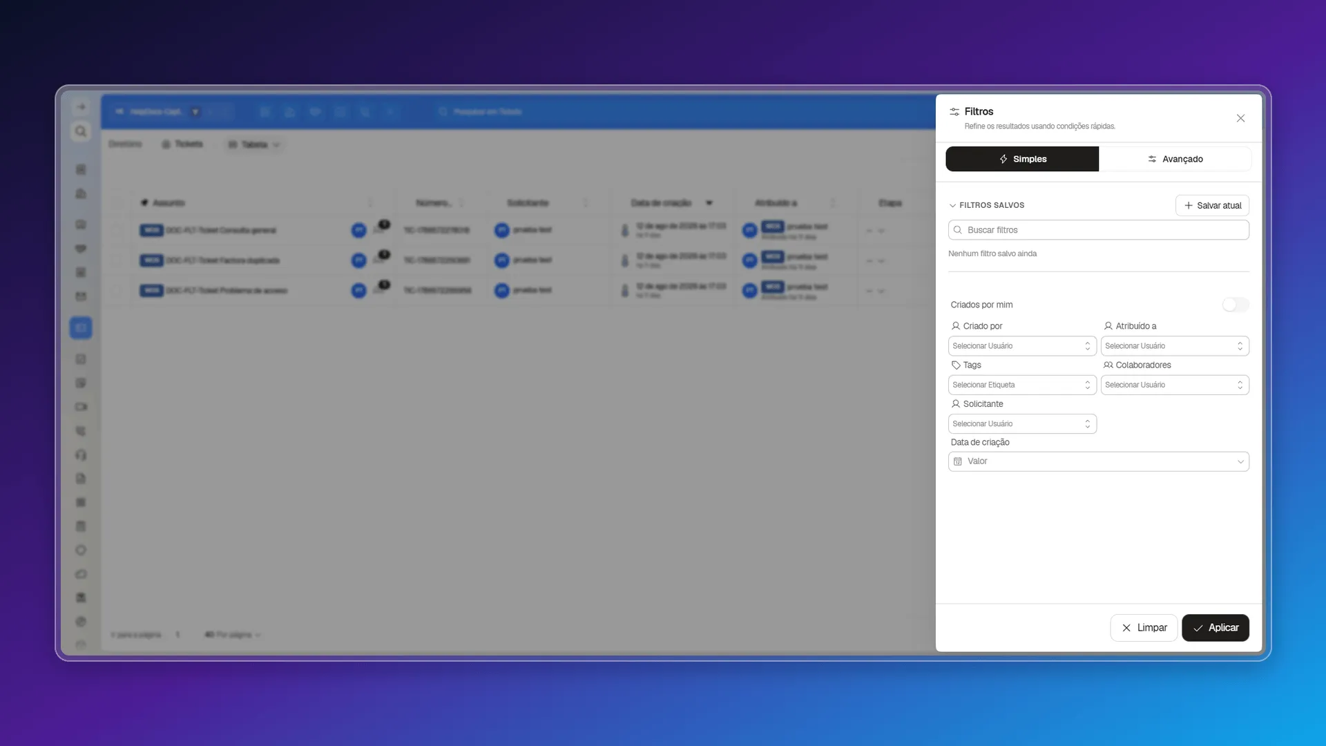 Filtros simples de Tickets com usuários, colaboradores, solicitante e data