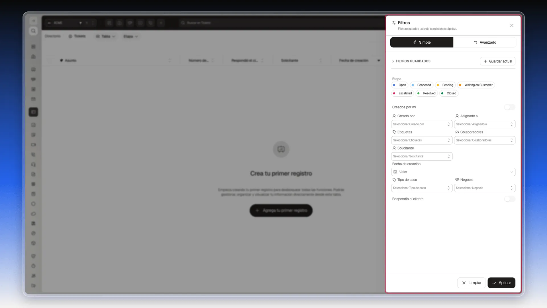 Filtros simples de Tickets con etapa, usuarios, colaboradores, solicitante, tipo de caso, negocio y respondió el cliente