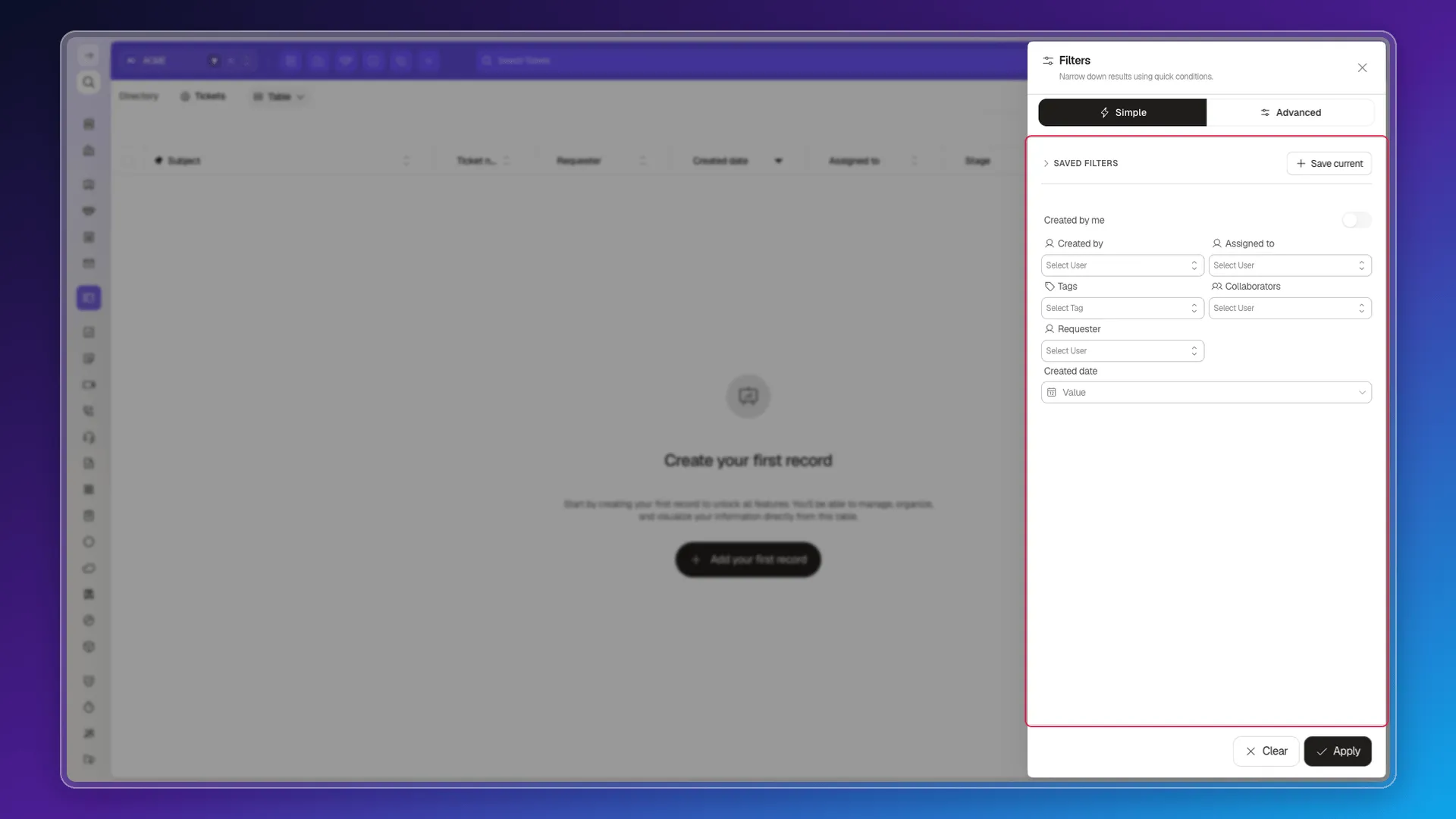Simple filters for Tickets with users, collaborators, requester, and date
