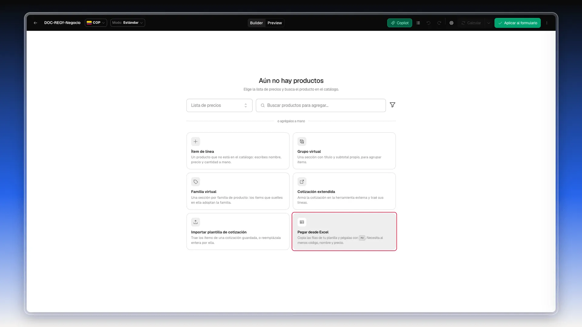 Pantalla vacía del cotizador, Aún no hay productos, con la tarjeta Pegar desde Excel resaltada
