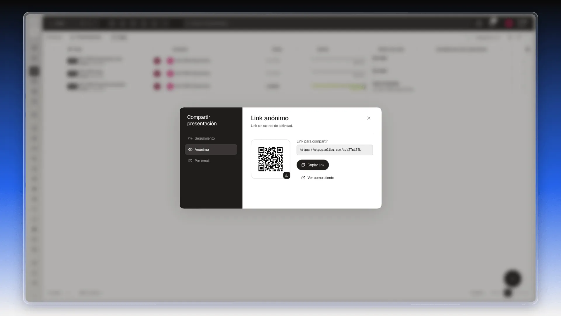 Pestaña Anónimo con el código QR, el link para compartir y los botones Copiar link y Ver como cliente