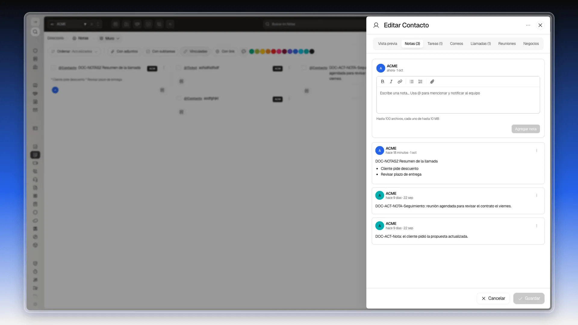 Pestaña Notas de la ficha con el editor vacío arriba y tres notas debajo