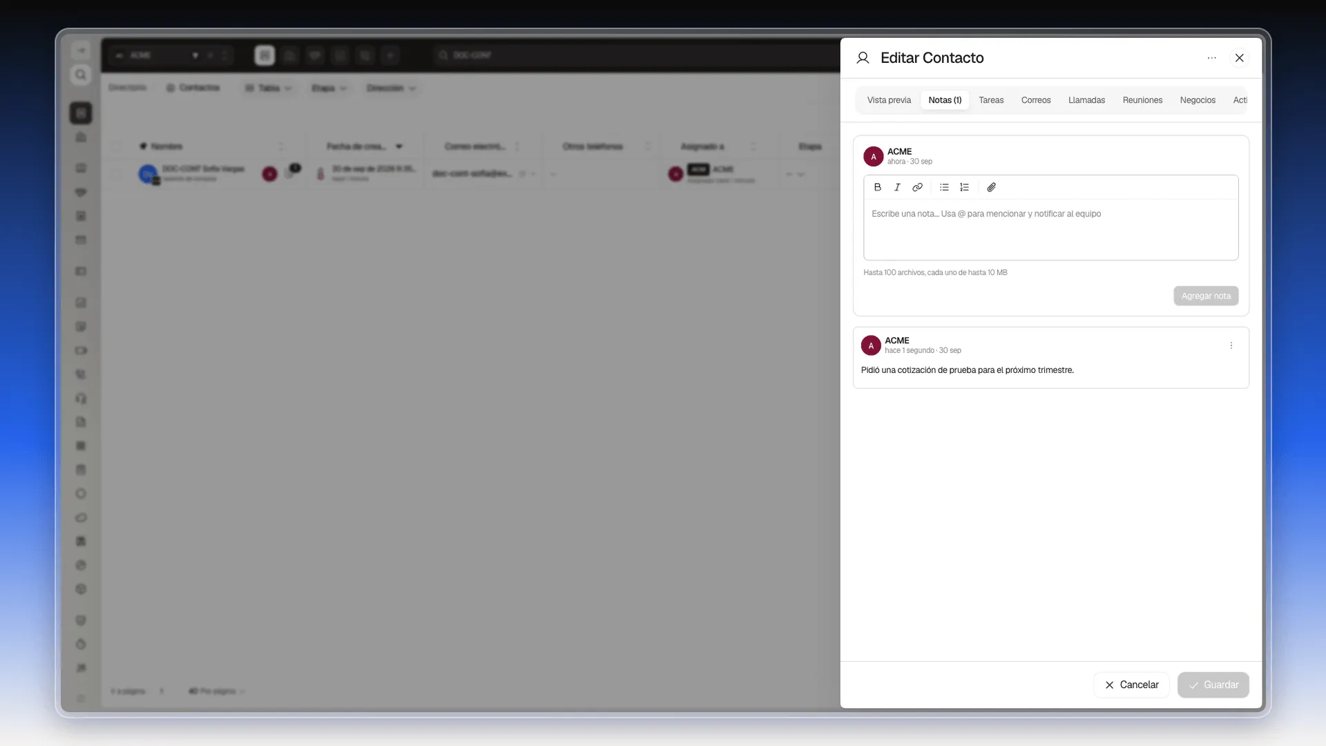 Pestaña Notas de la ficha con el recuadro para escribir y una nota ya agregada debajo