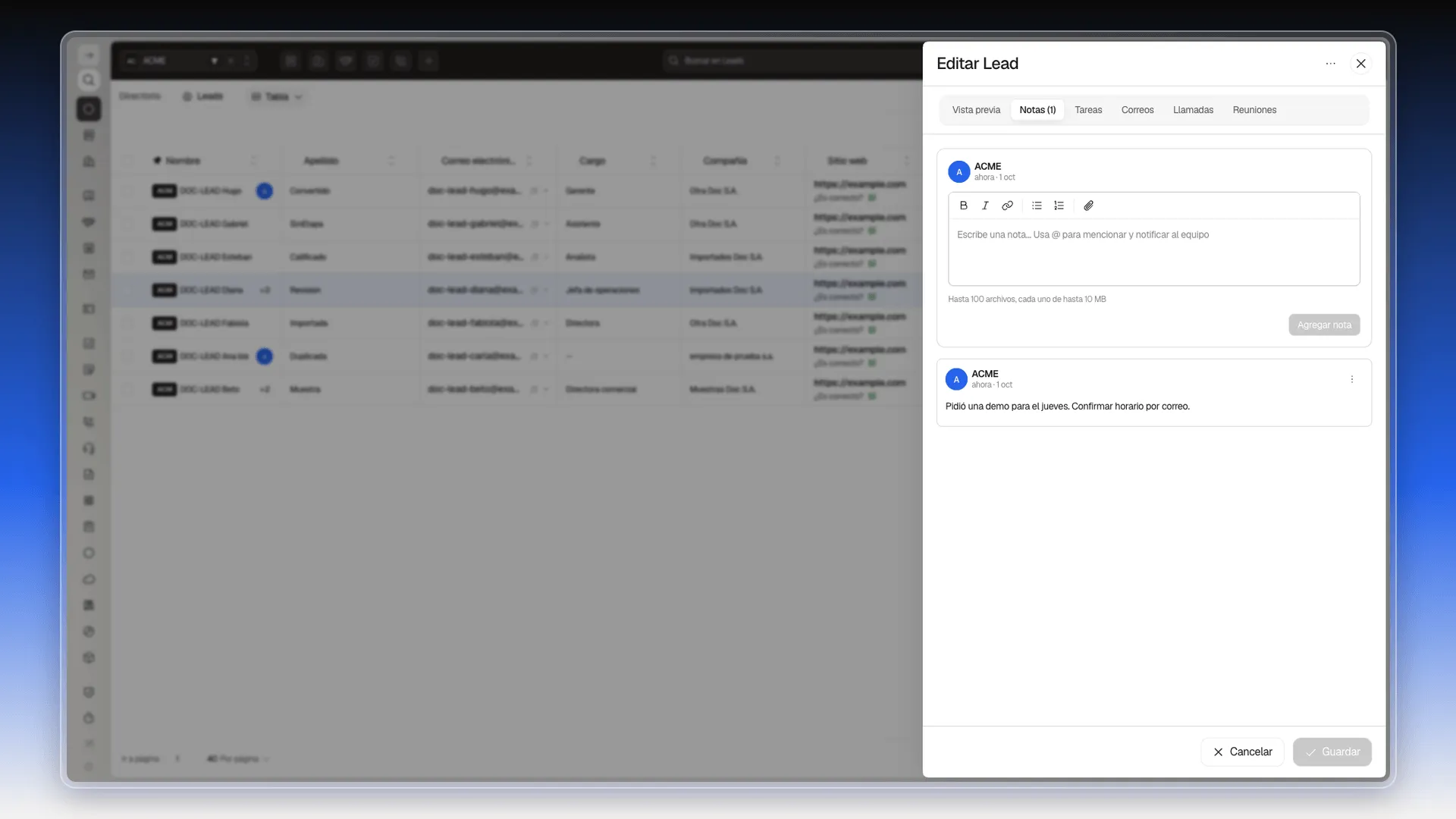 Pestaña Notas con una nota guardada y el editor para escribir otra