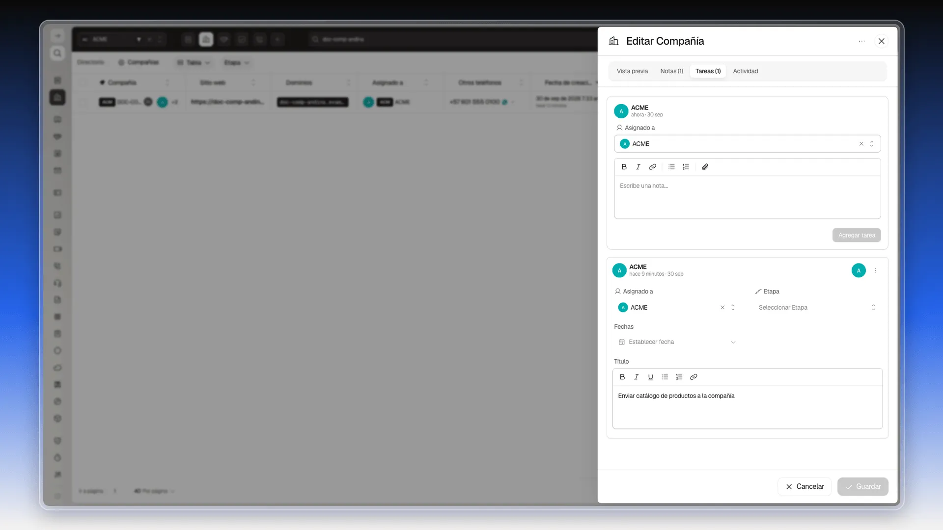 Pestaña Tareas de la ficha con el recuadro para crear una tarea y una tarea ya creada con su responsable, etapa, fechas y título