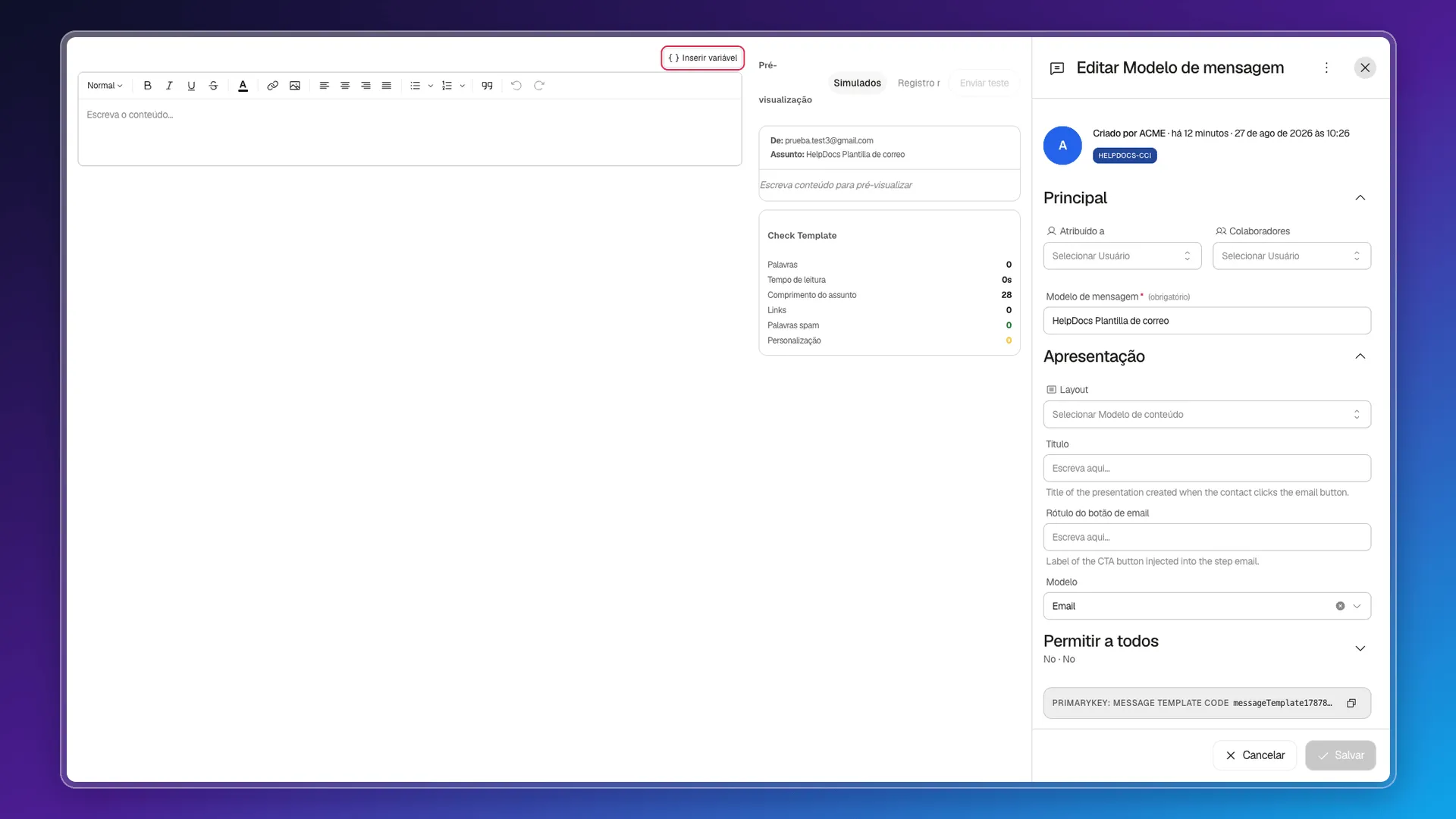Editor de um modelo de e-mail com o botão Inserir variável destacado