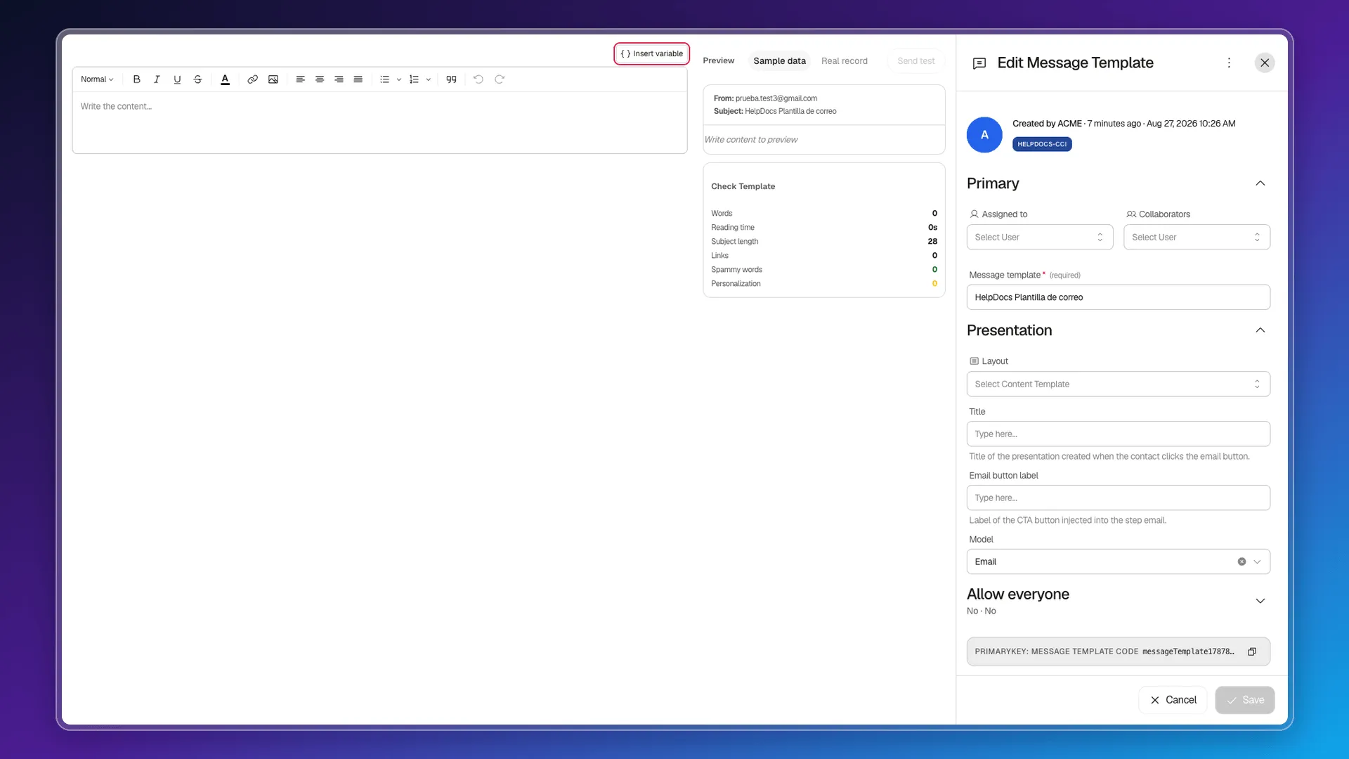 Email template editor with the Insert variable button highlighted