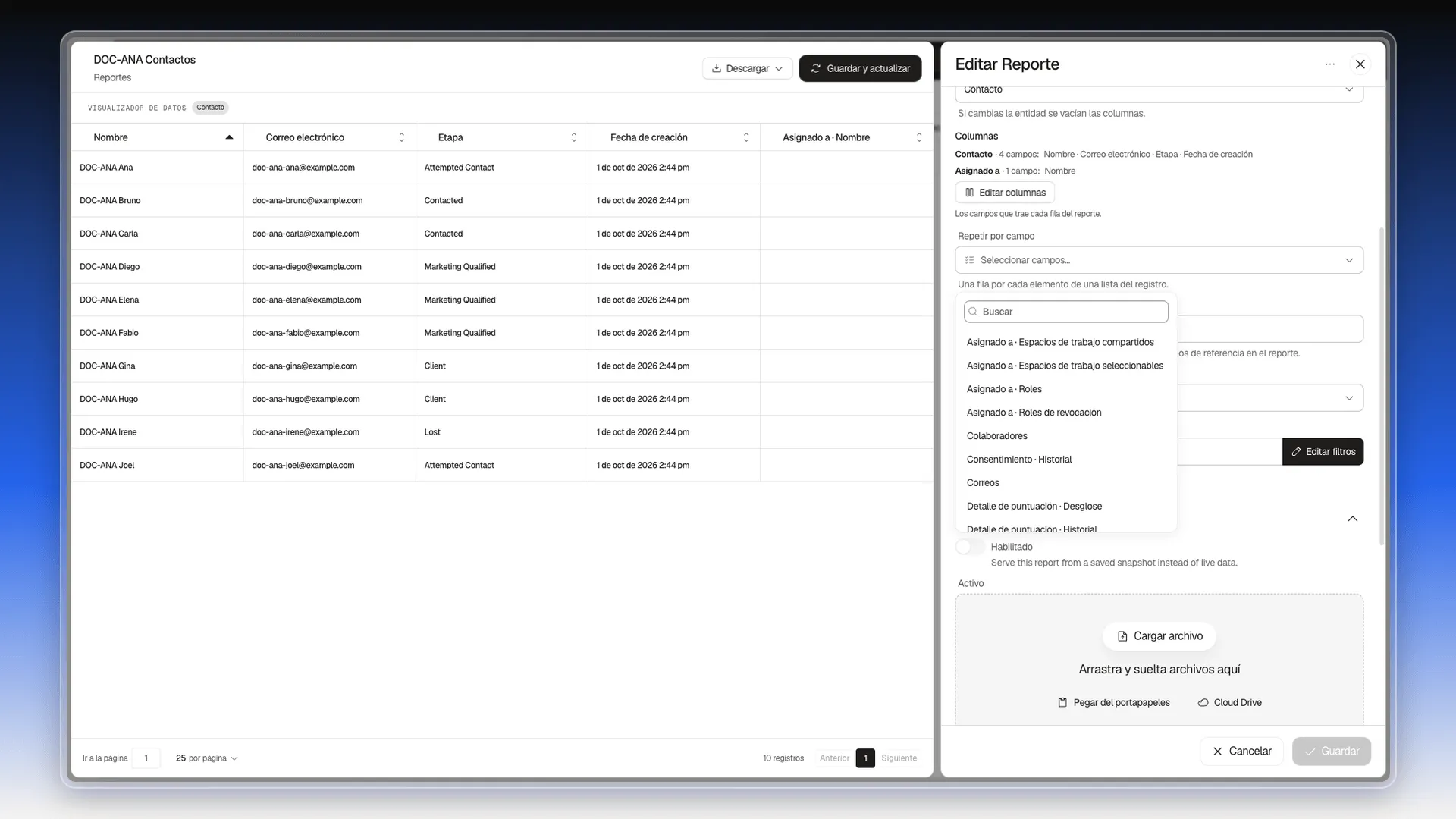 Selector Repetir por campo abierto con campos de lista como Colaboradores, Correos y Consentimiento · Historial