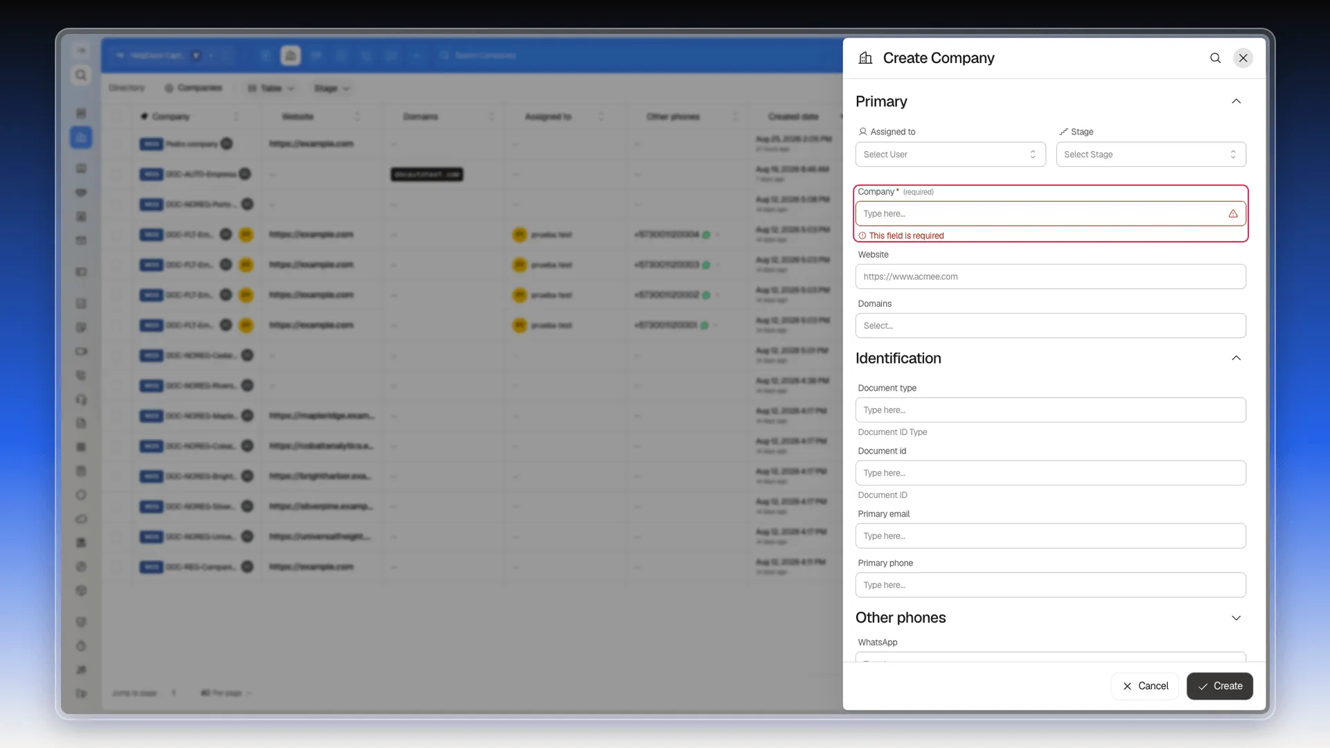 Company field highlighted in red after trying to create without it