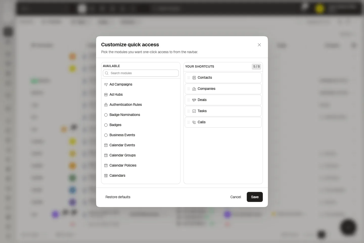 Customize shortcuts dialog with five selected shortcuts