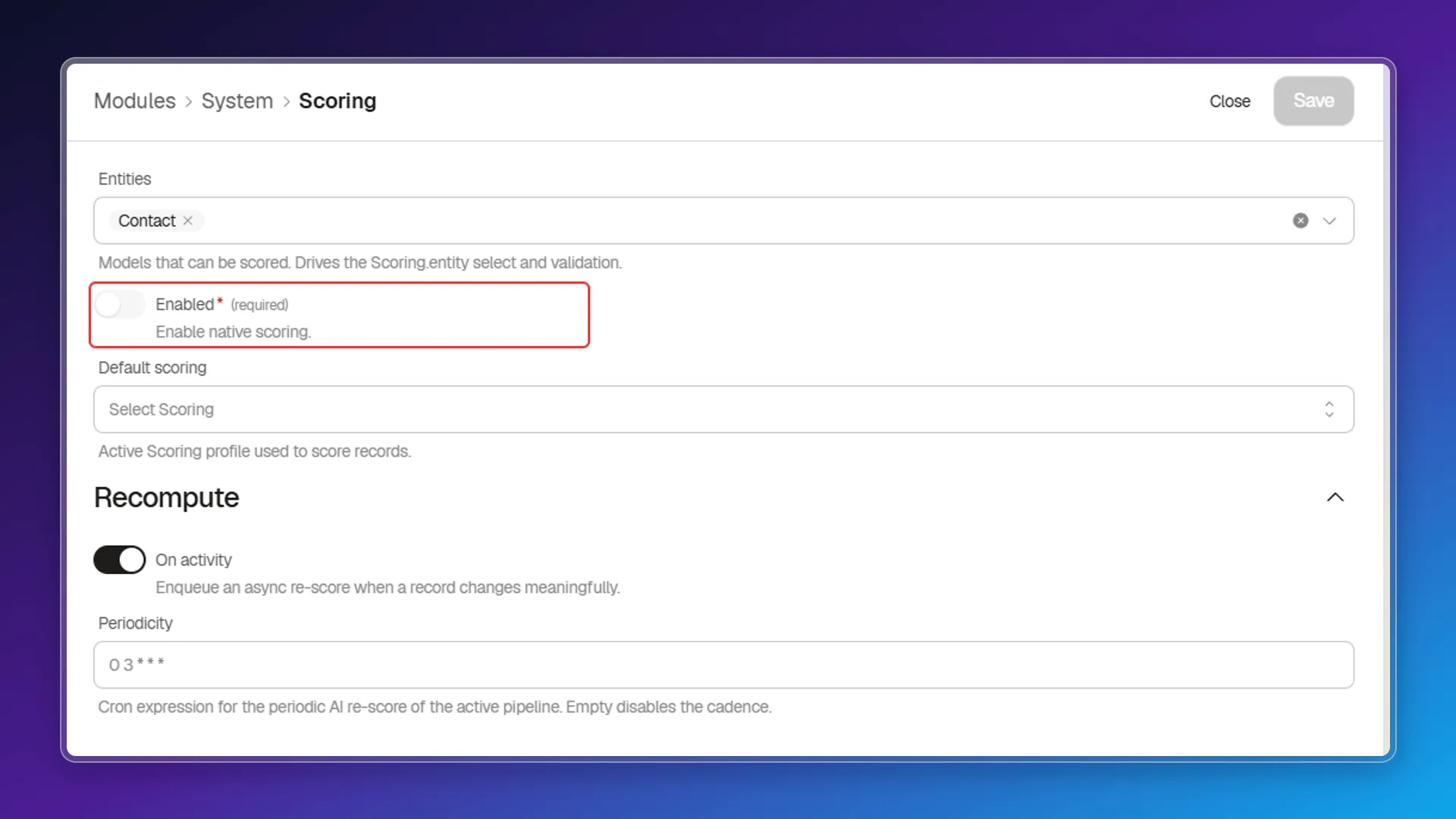 Modules > System > Scoring panel under Preferences, with the Enabled switch highlighted