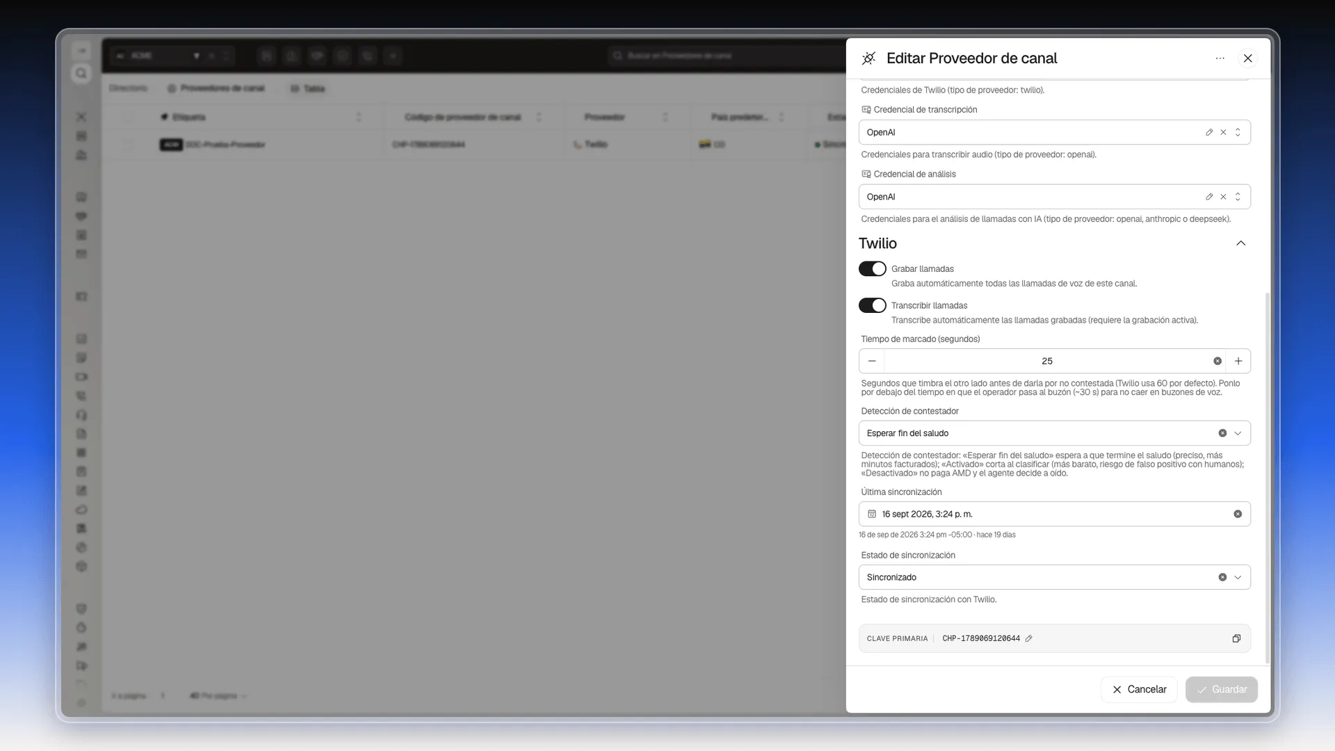 Sección Twilio del proveedor desplegada con sus ajustes de voz marcados
