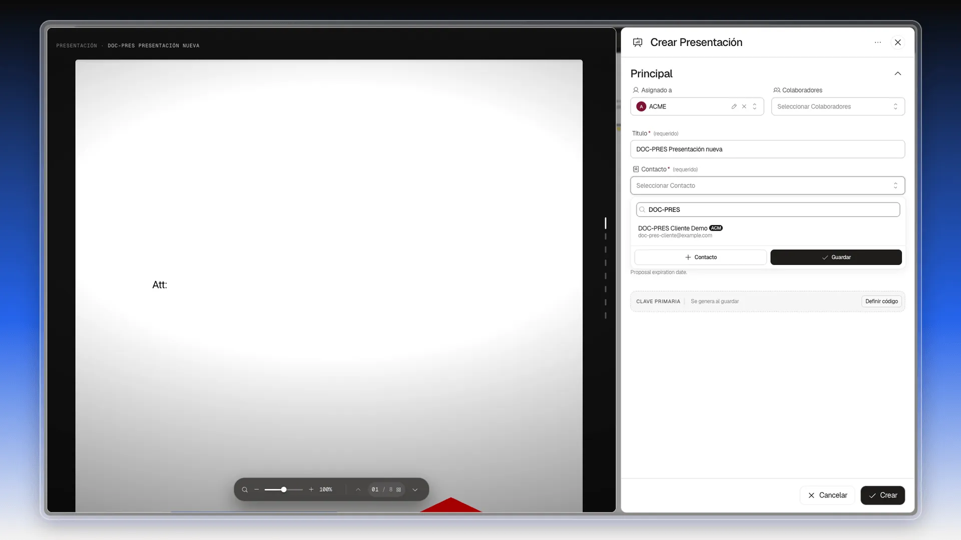 Desplegable Contacto abierto con la búsqueda DOC-PRES y un contacto en la lista, y los botones + Contacto y Guardar al pie
