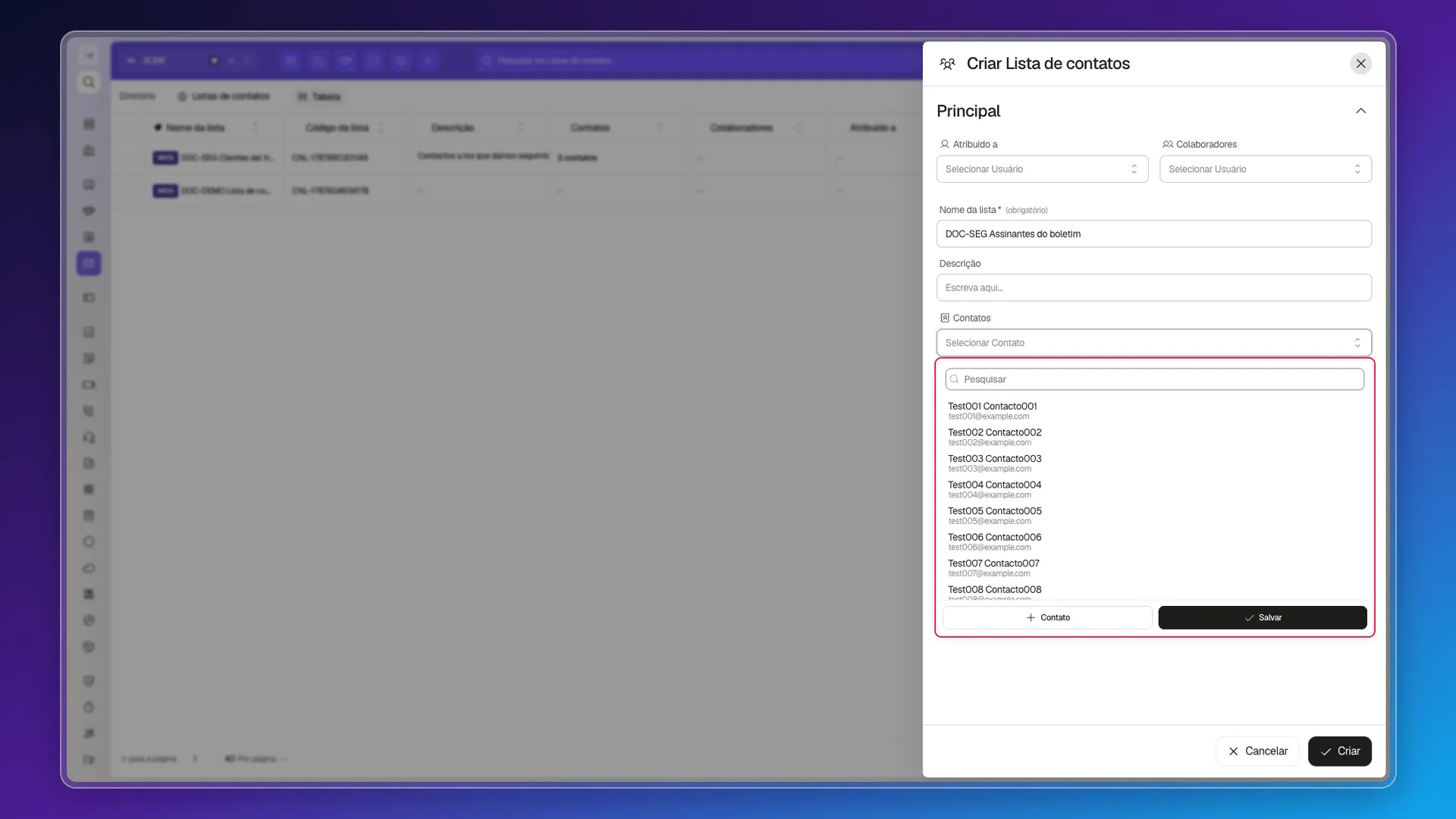 Seletor de contatos de uma lista, com o buscador e os contatos disponíveis destacados
