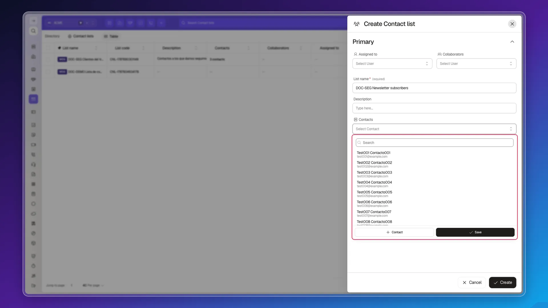 A list's contact selector, with the search box and available contacts highlighted