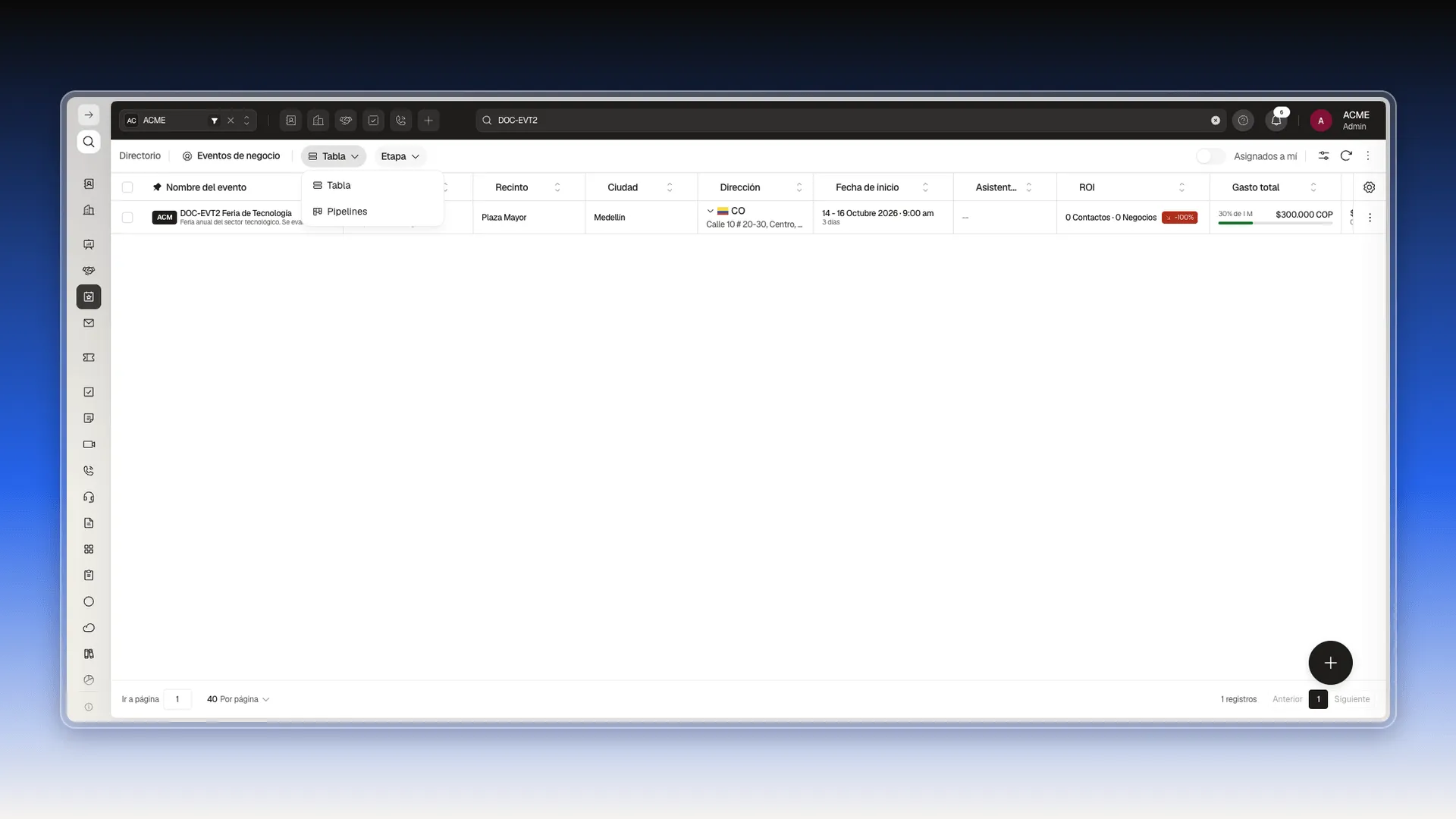 Selector de vista con las opciones Tabla y Pipelines