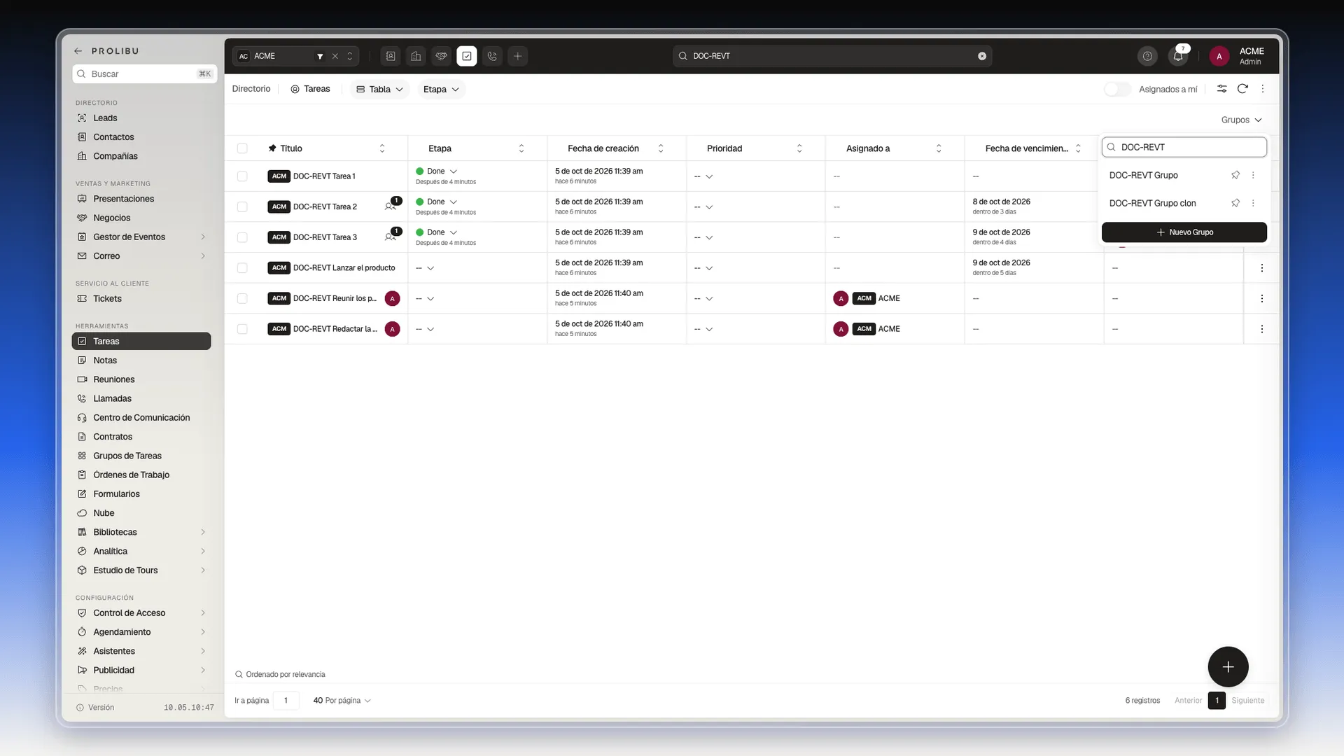Selector Grupos en la barra del módulo de Tareas