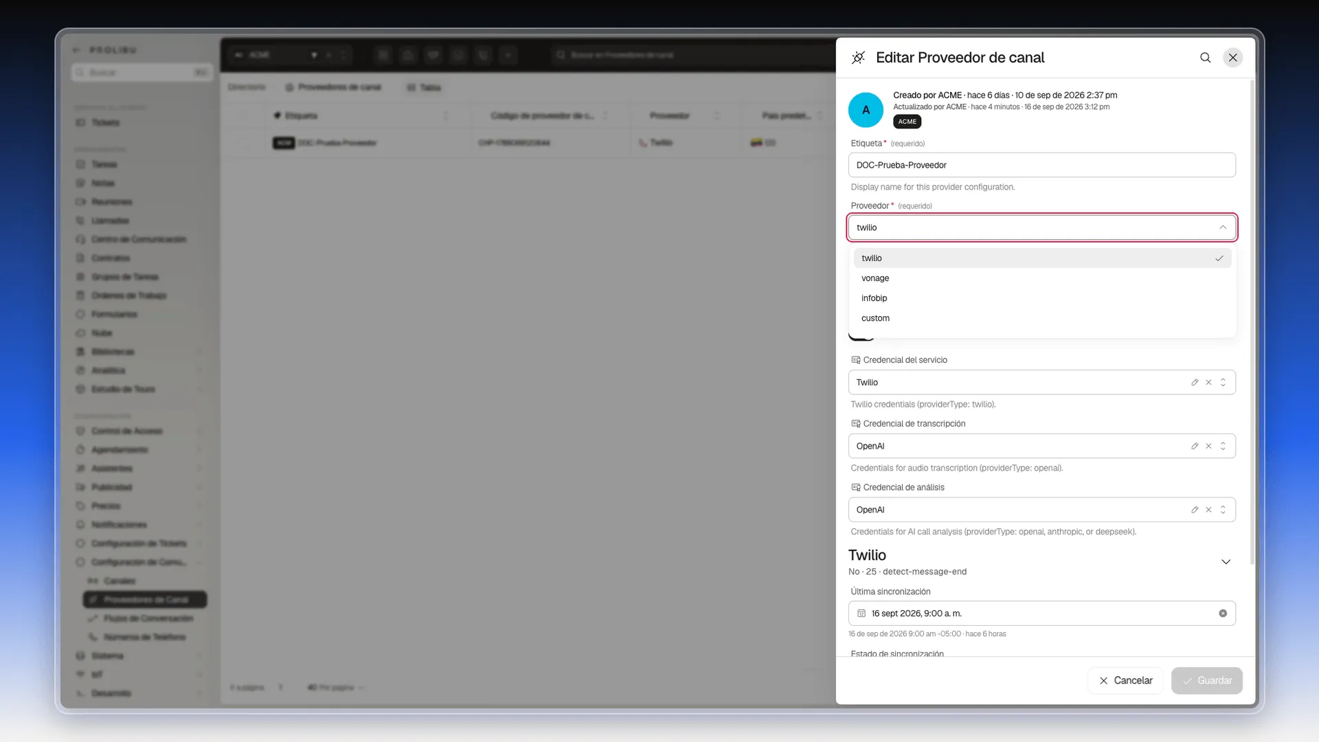 Formulario Editar Proveedor de canal con el selector Proveedor resaltado