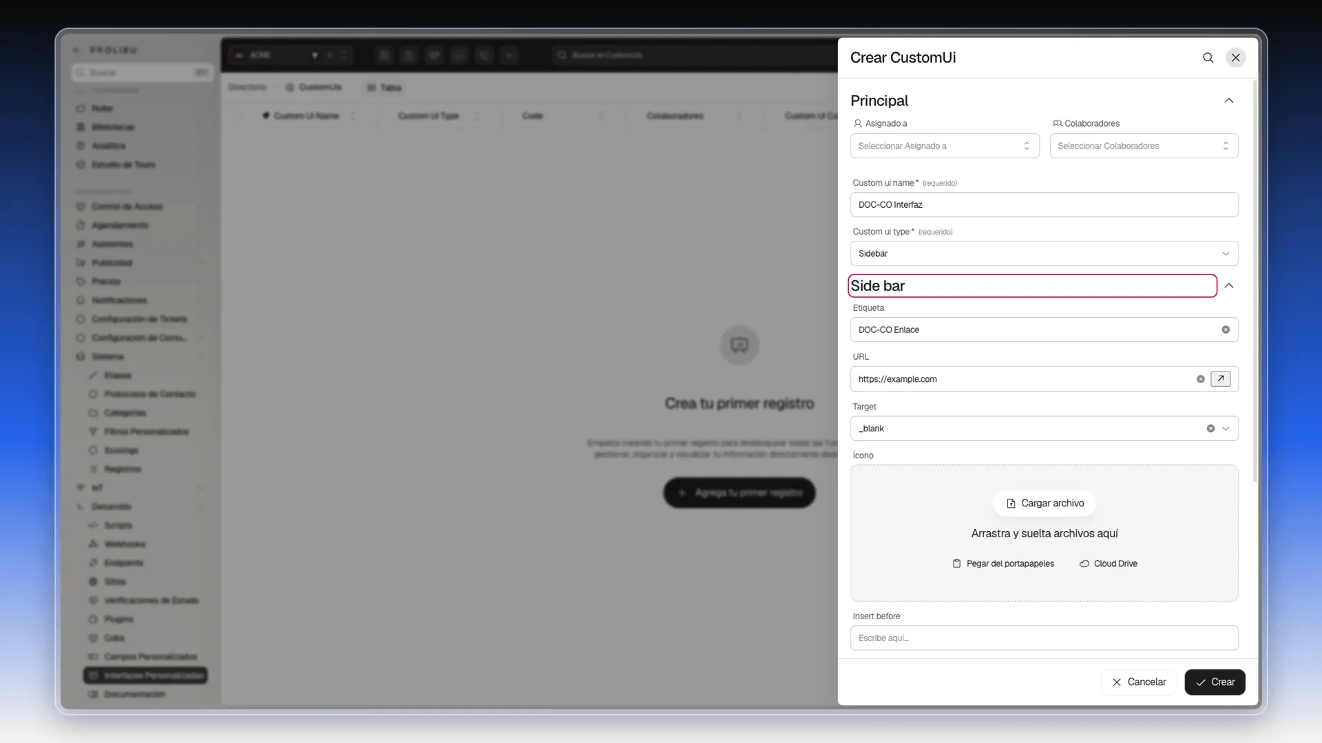 Panel Crear CustomUi con el tipo Sidebar elegido y la sección Side bar resaltada, con Etiqueta, URL y Target rellenados