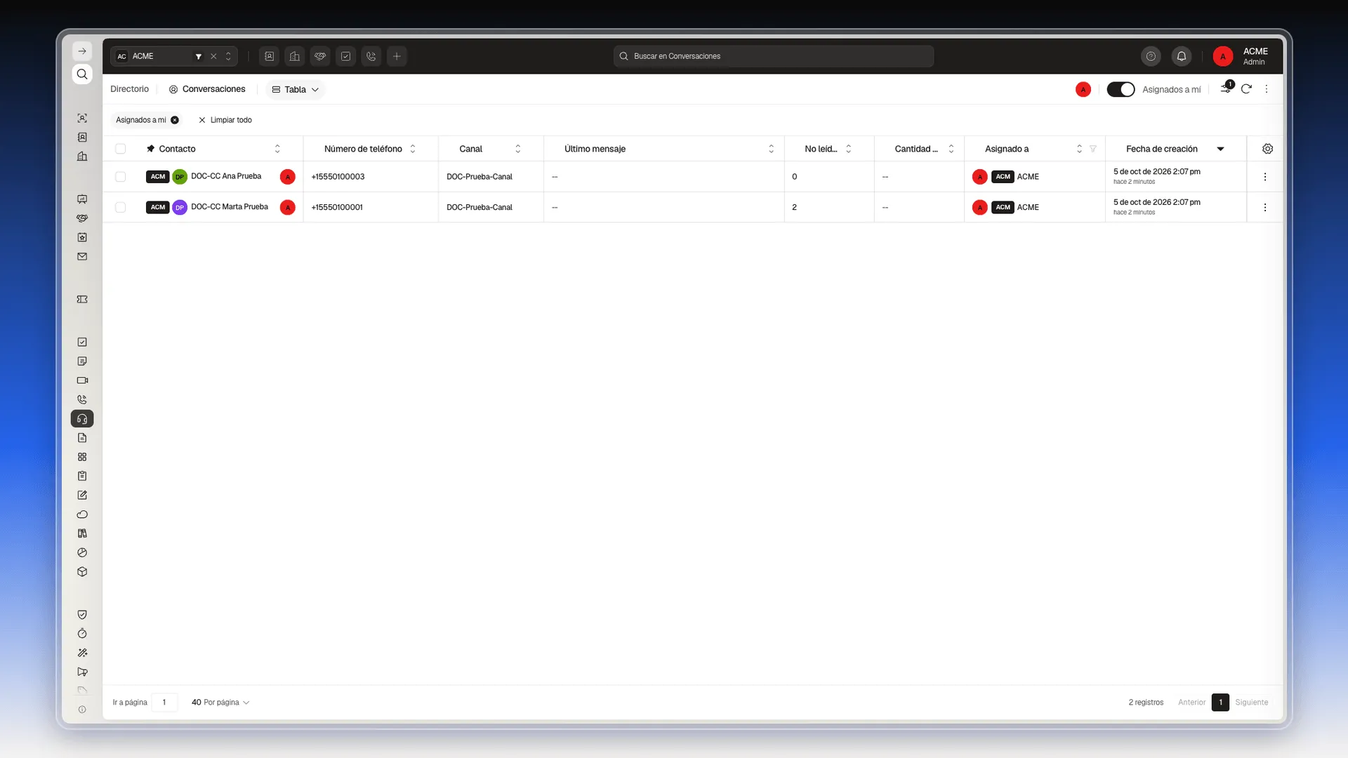 Vista Tabla filtrada con el interruptor Asignados a mí encendido