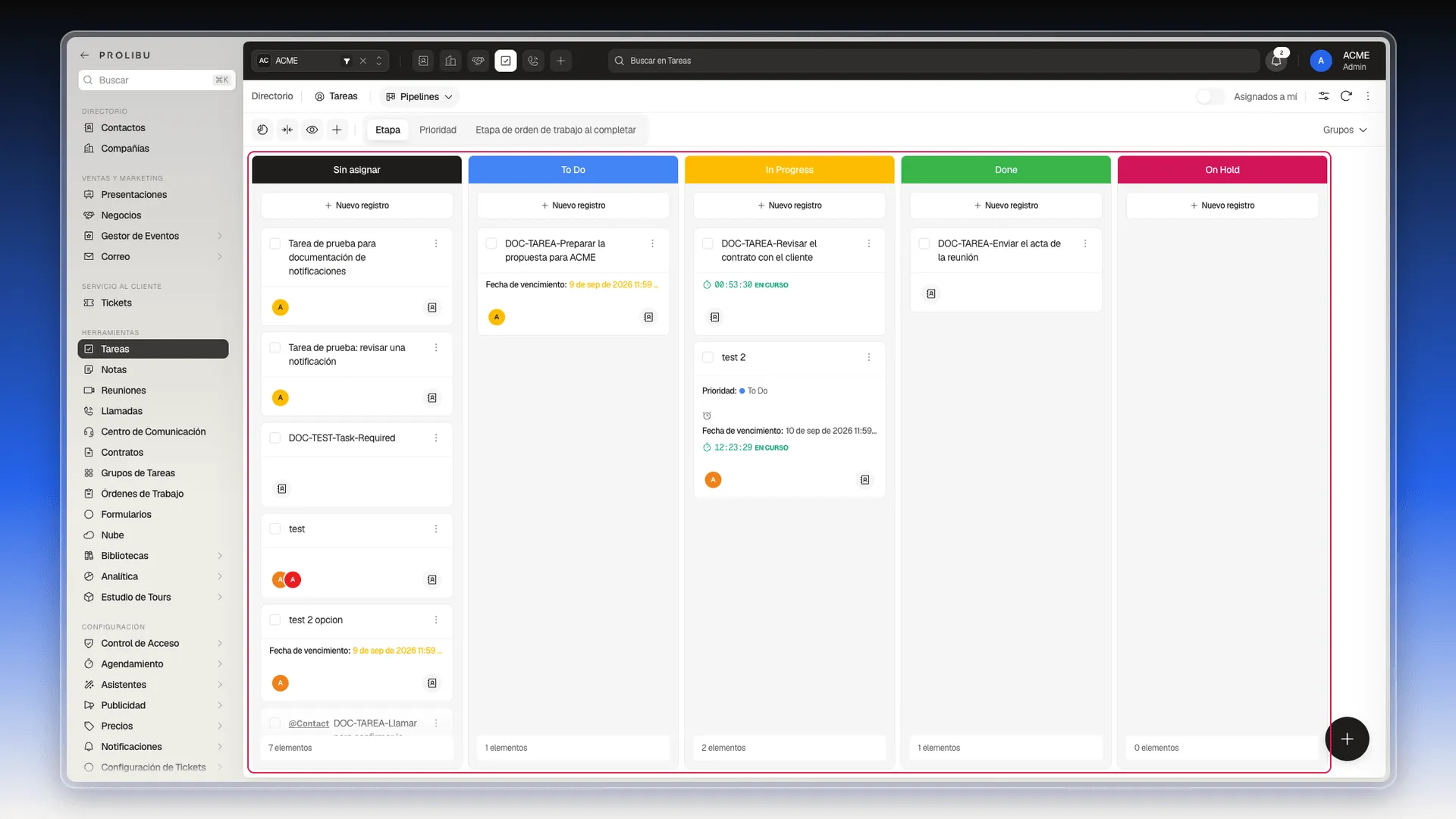 Vista Pipelines de Tareas con sus columnas por etapa