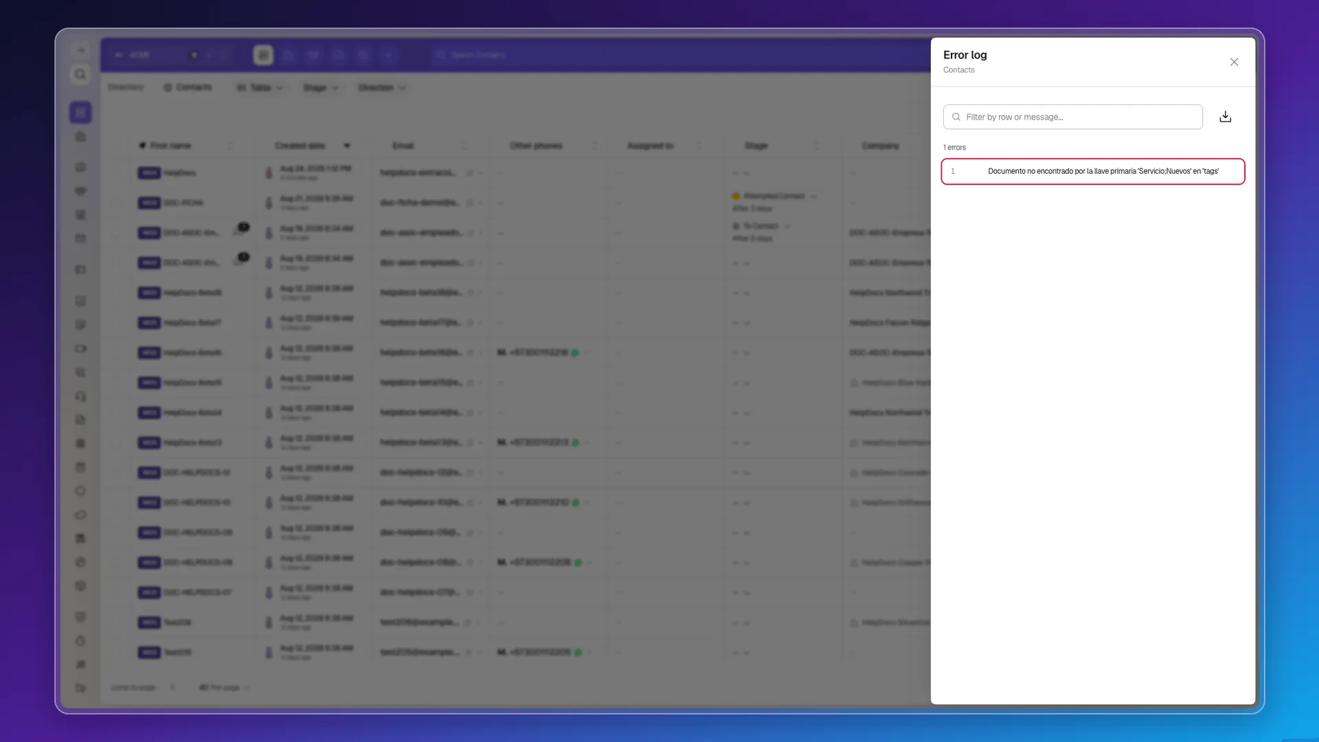 Error log highlighting the tags column error: Document not found by primary key 'Servicio;Nuevos'