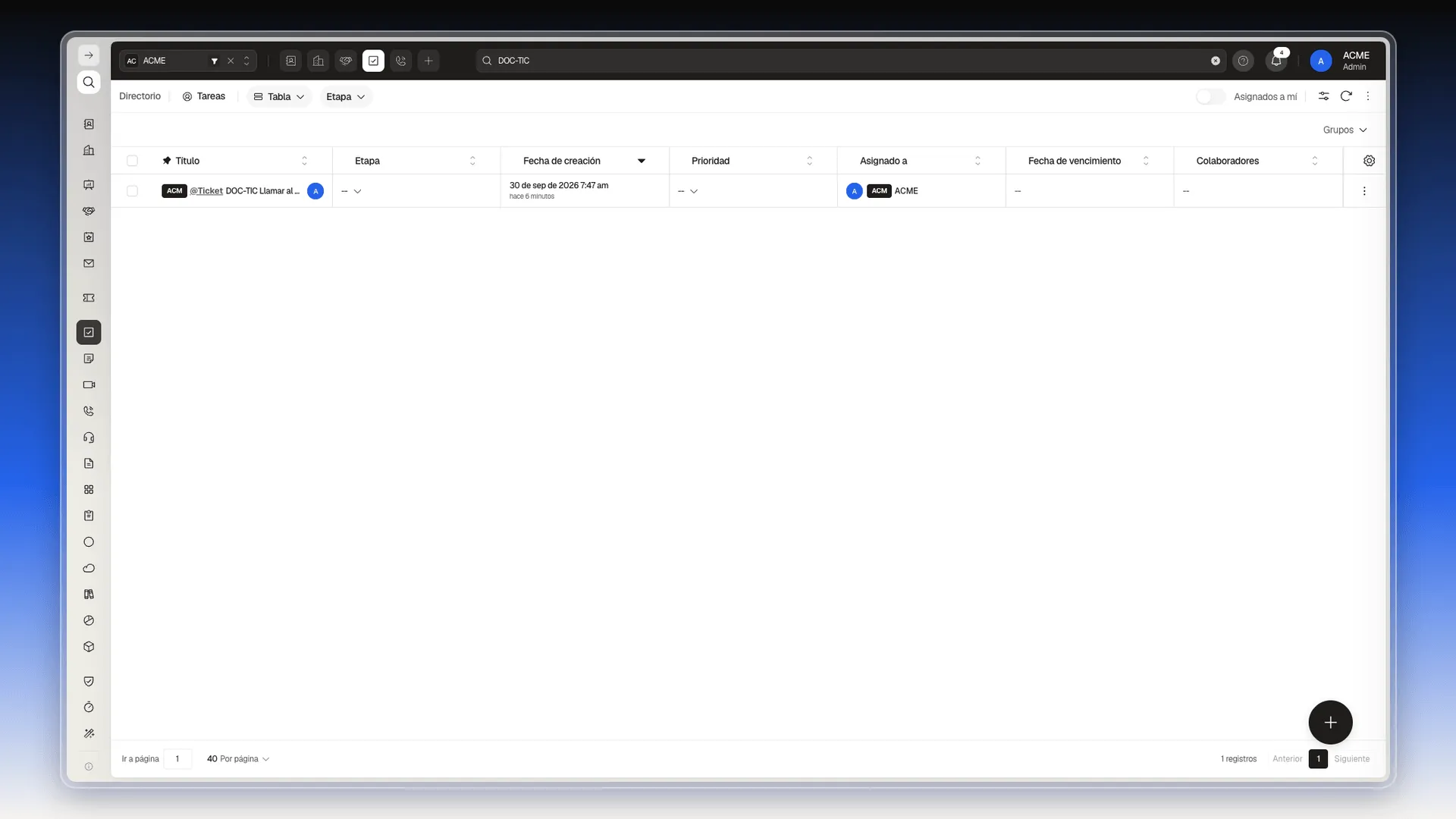 Tabla de Tareas con una tarea creada desde un ticket, marcada con la etiqueta @Ticket