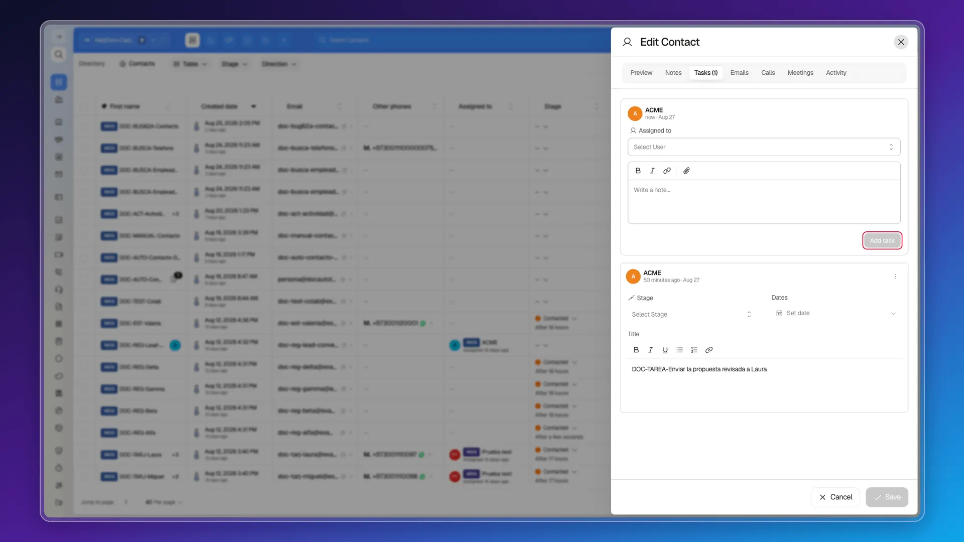 Tasks tab on a contact with the composer
