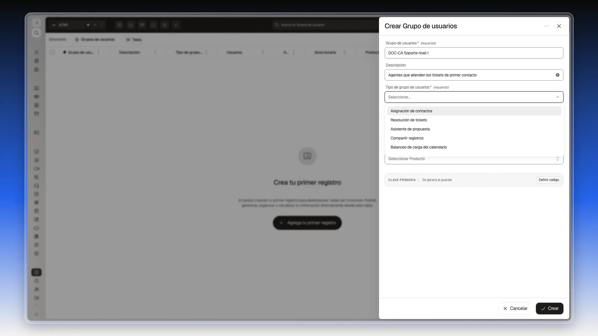 Panel Crear Grupo de usuarios con el desplegable Tipo de grupo de usuarios abierto y sus cinco opciones