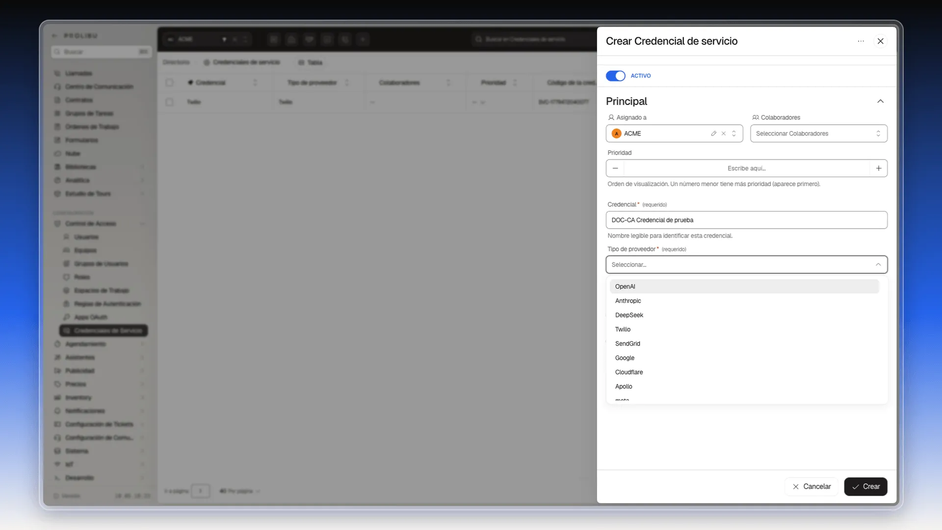 Desplegable Tipo de proveedor abierto con OpenAI, Anthropic, DeepSeek, Twilio, SendGrid, Google, Cloudflare y Apollo a la vista