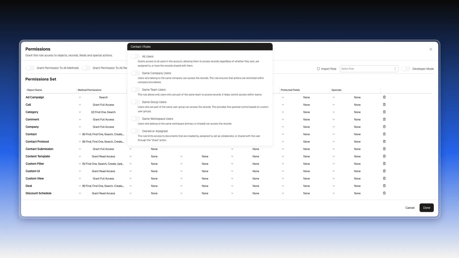 Contact rule options: All Users, Same Company Users, Same Team Users, Same Group Users, Same Workspace Users, Owned or Assigned