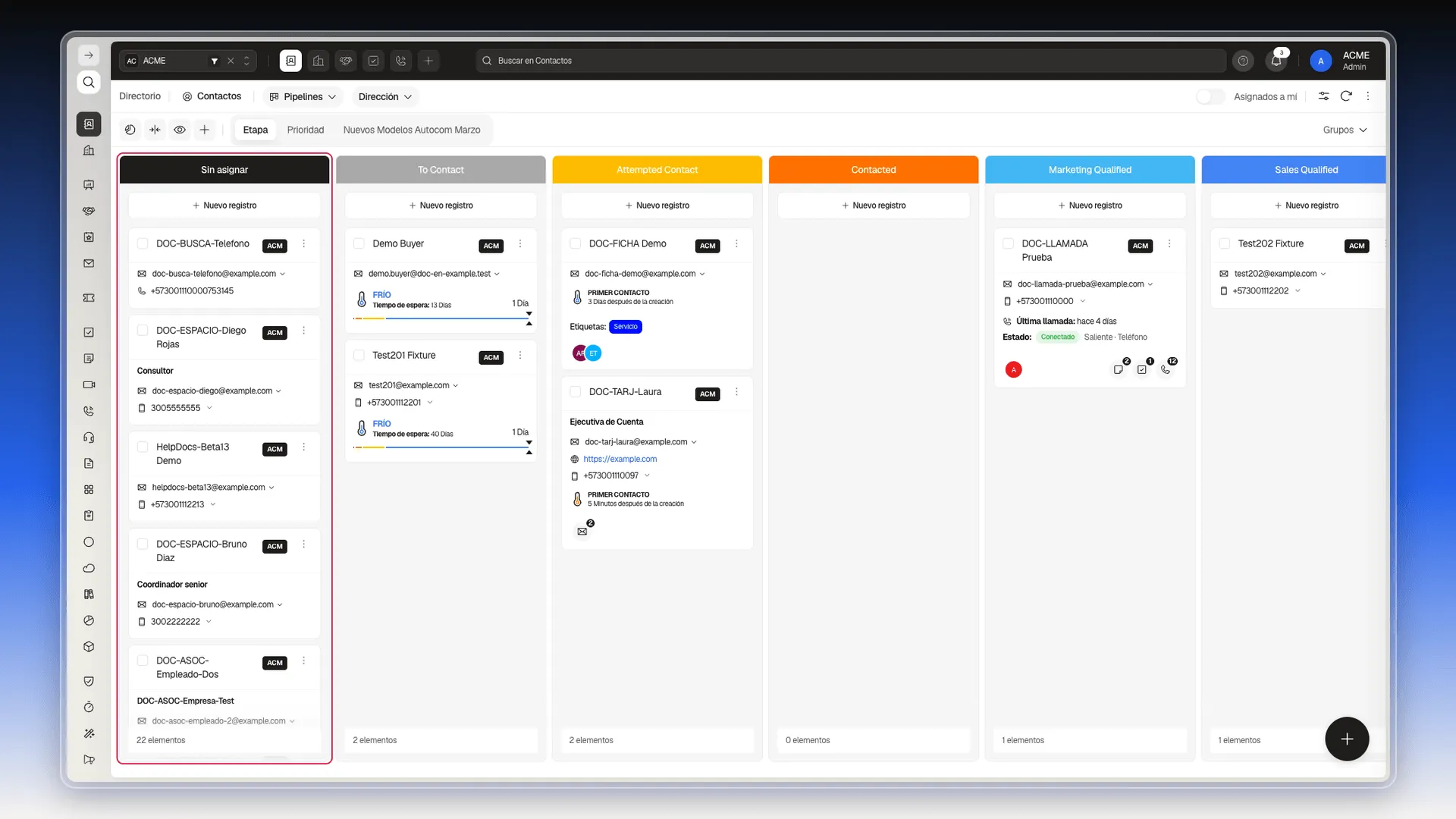 Vista Pipelines de Contactos, con la columna Sin asignar primero y luego una columna de color por etapa