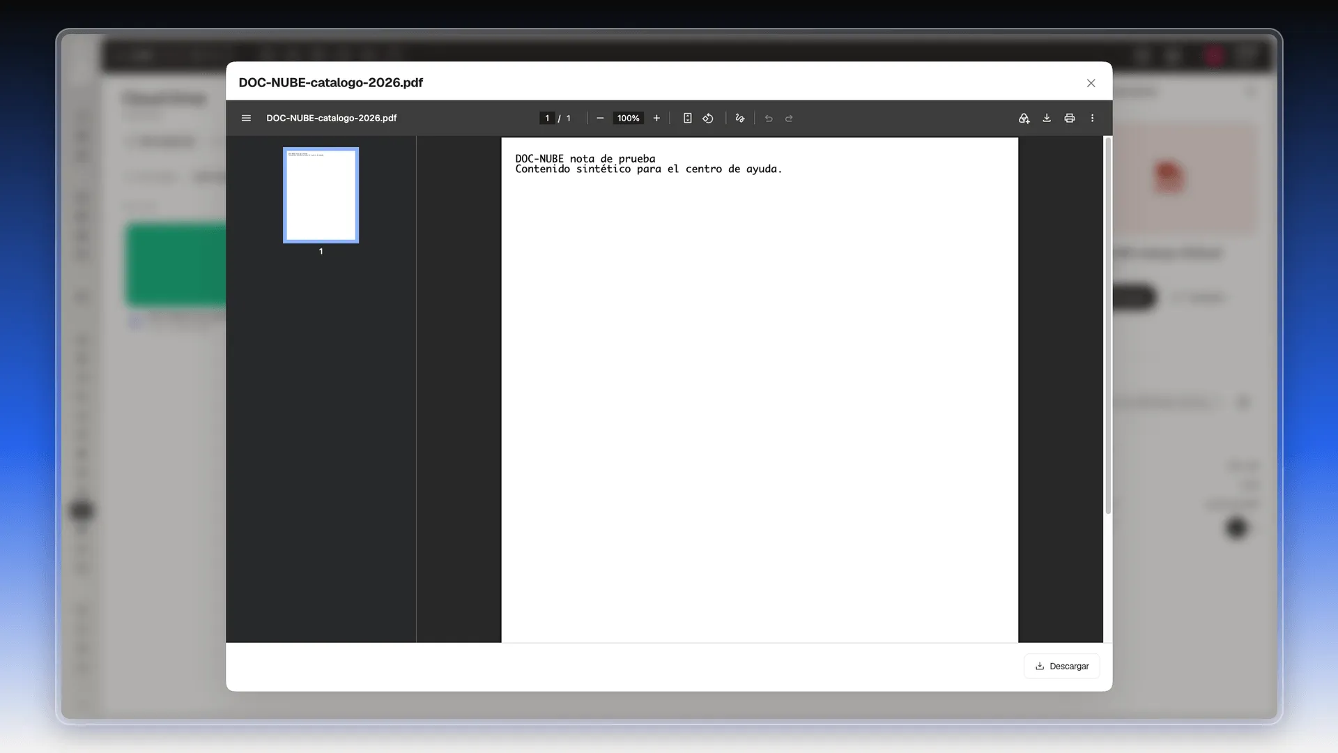 Vista previa de un PDF dentro de la Nube con el visor de páginas y el botón Descargar