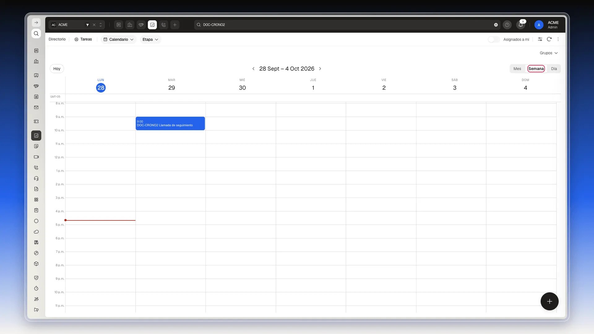 Vista Semana del calendario de Tareas, con el botón Semana resaltado y una tarea de 9 a 10