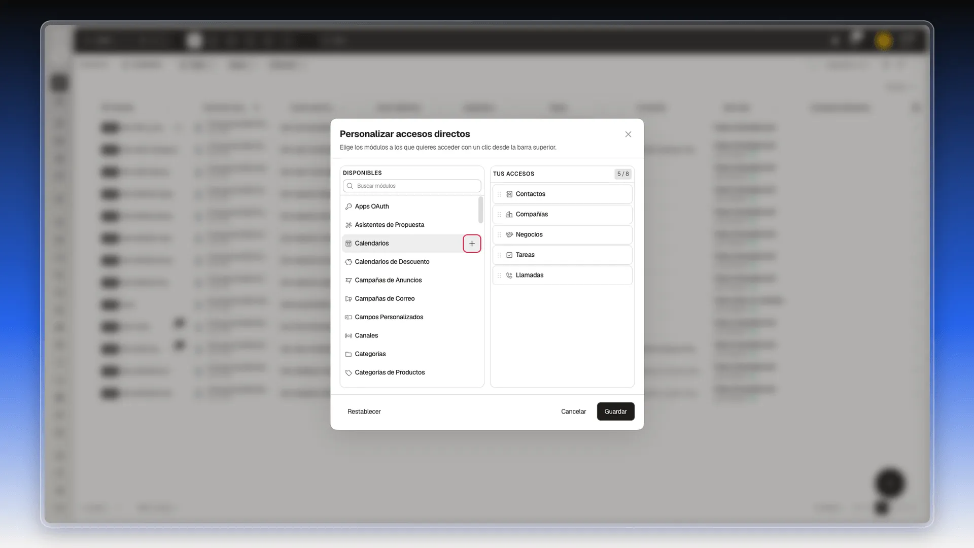 Ventana Personalizar accesos directos con un módulo listo para agregarse