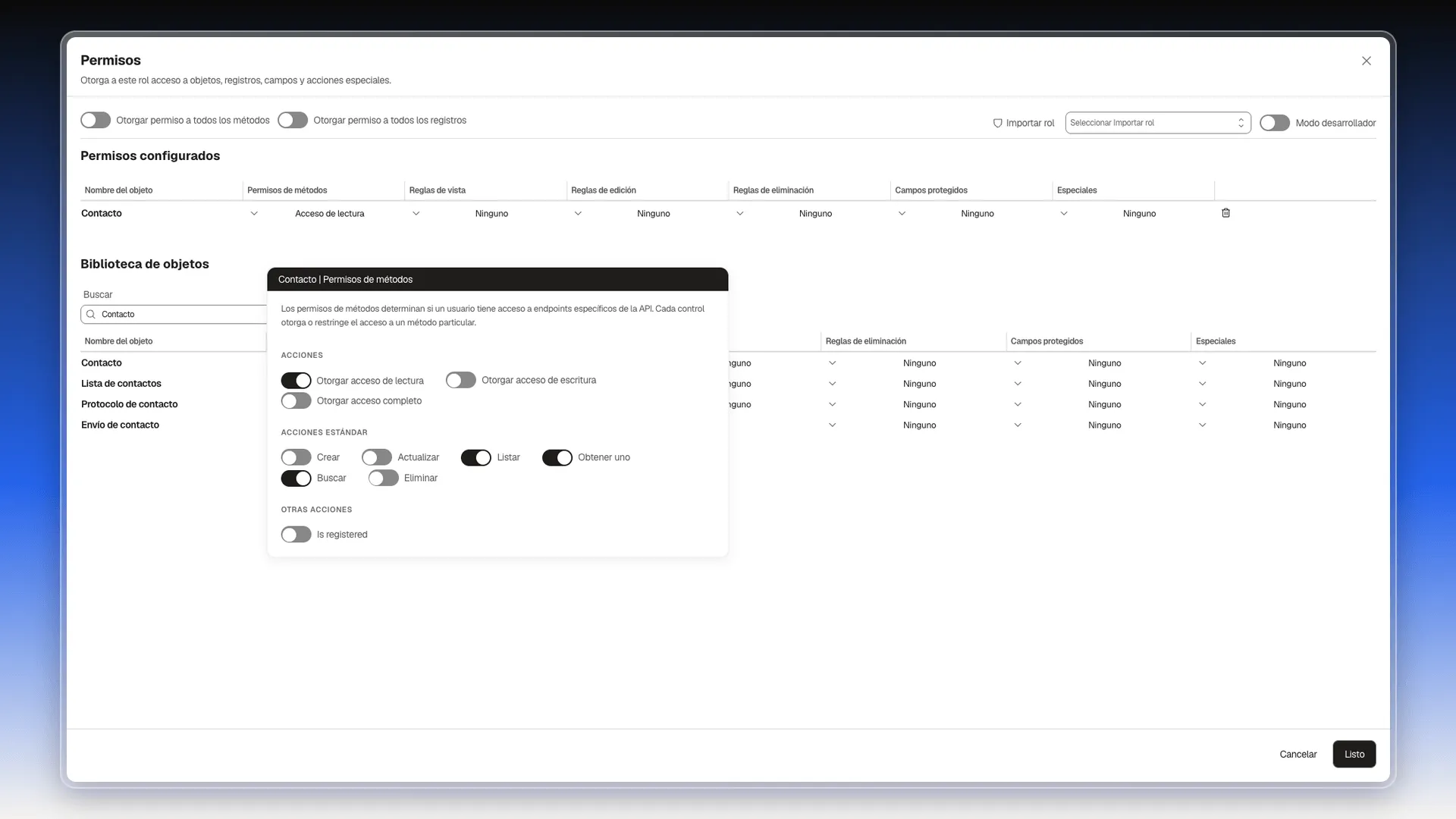 Editor de Permisos con Contacto en Permisos configurados y el menú Permisos de métodos abierto, con Otorgar acceso de lectura, Listar, Obtener uno y Buscar encendidos