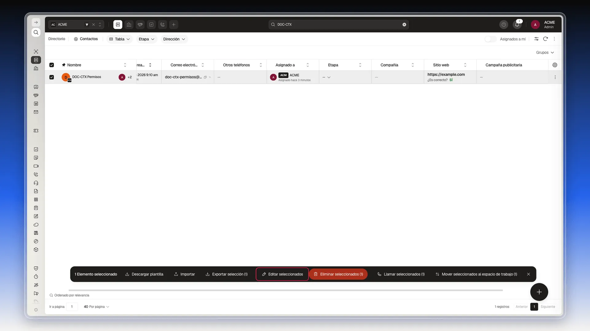 Lista de Contactos filtrada con un contacto marcado y la barra de acciones al pie con Editar seleccionados resaltado