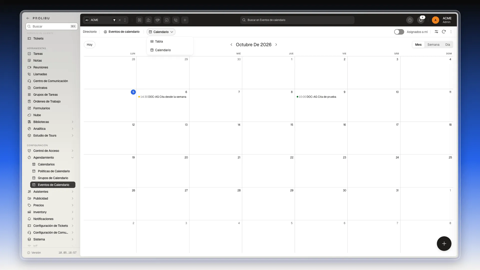 Selector de vista abierto con las opciones Tabla y Calendario